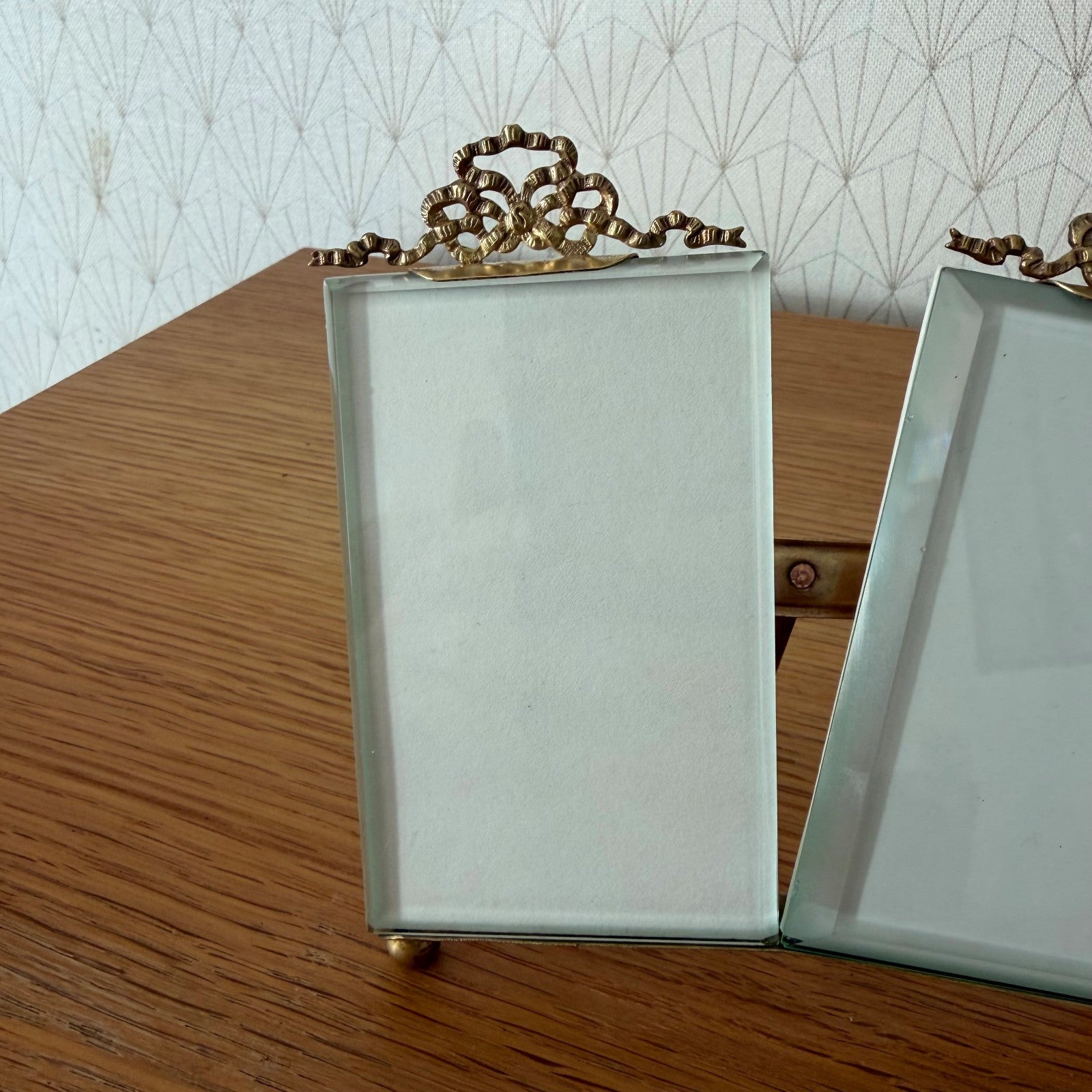 French Vintage Brass Double Photo Frame Ribbon Bow Beveled Glass 27062616 Fleamarketfrance