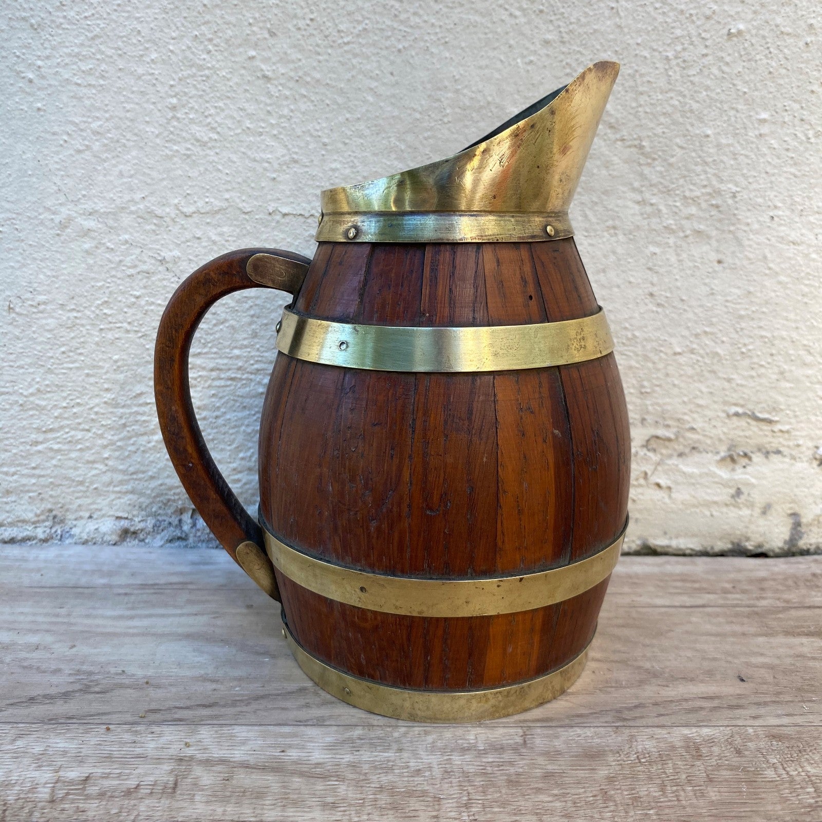 Antique French Wooden Wine Pitcher Staved Wood Brass Bands Cider Jug 07072610 Fleamarketfrance
