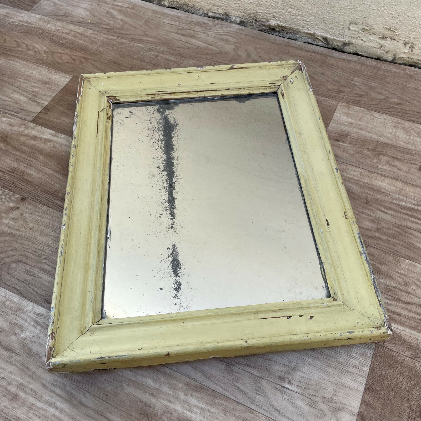 French Vintage Mirror Distressed Yellow Wood Frame Wall Hanging 1602229 Fleamarketfrance