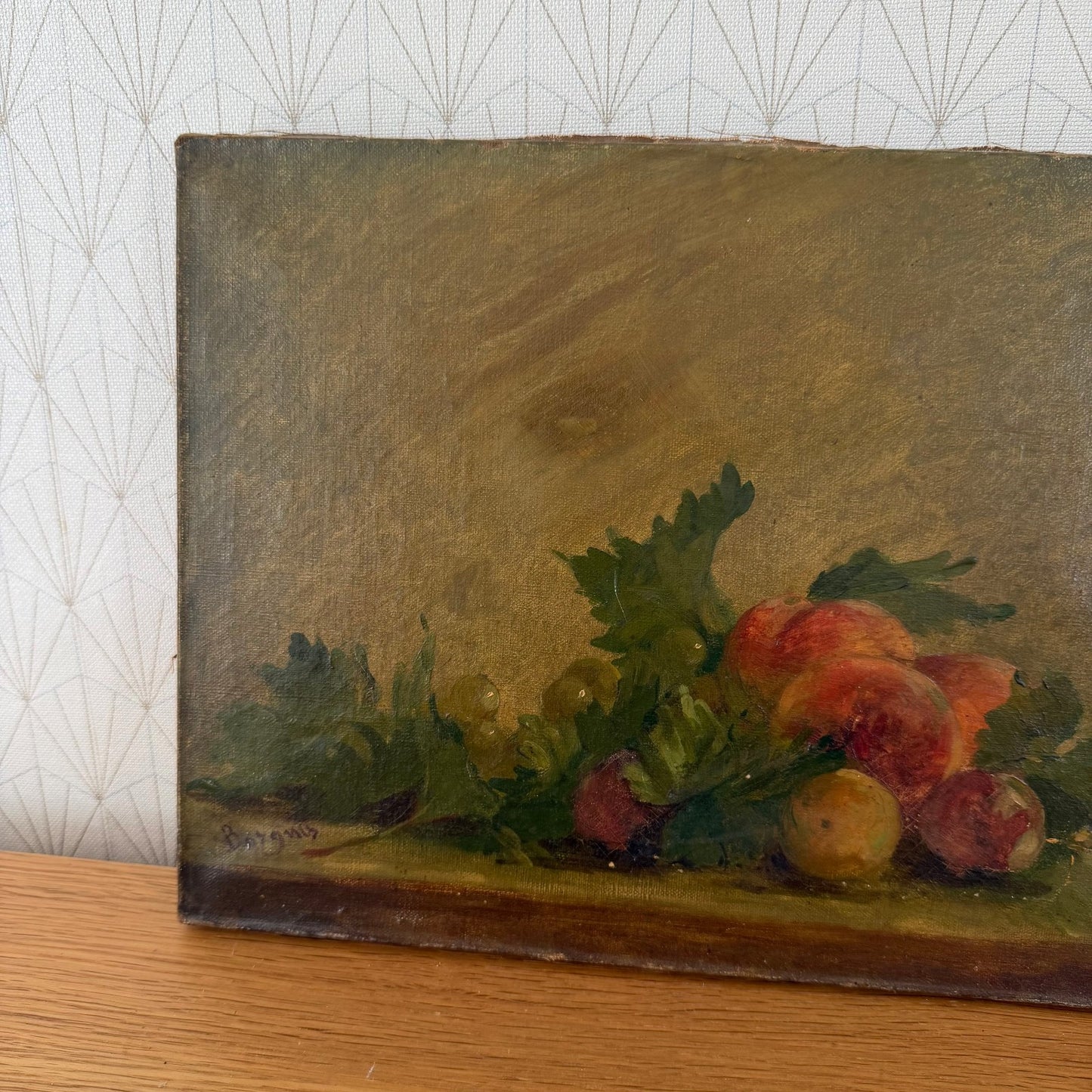 Three-quarter view of French antique still life painting on stretched canvas with wooden frame
