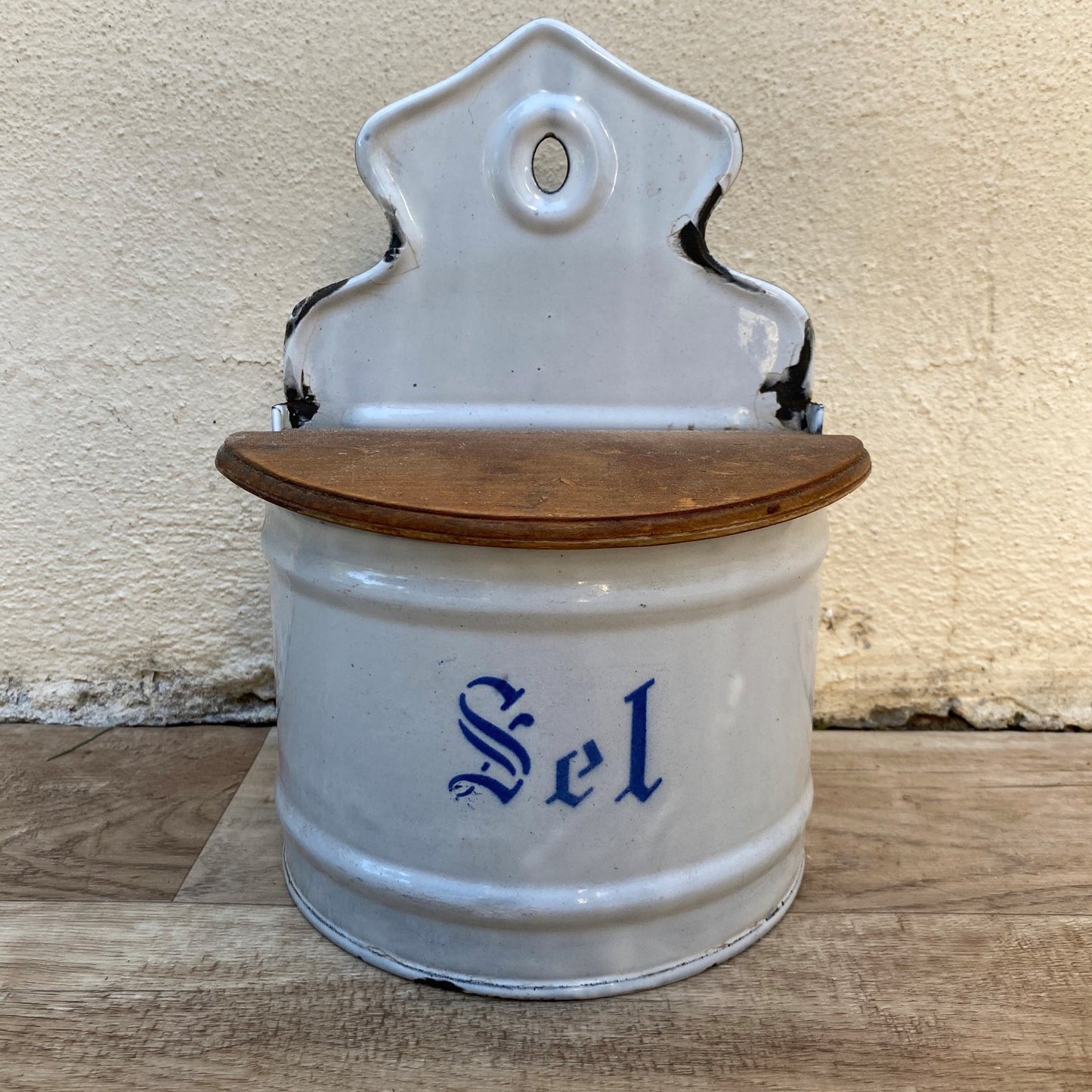 French Enamel Wall Mount Salt Box Container With Wood Lid 04072620 Unbranded