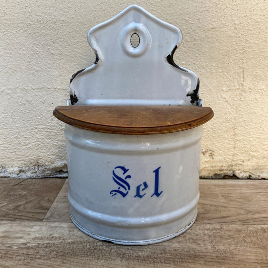 French Enamel Wall Mount Salt Box Container With Wood Lid 04072620 Unbranded