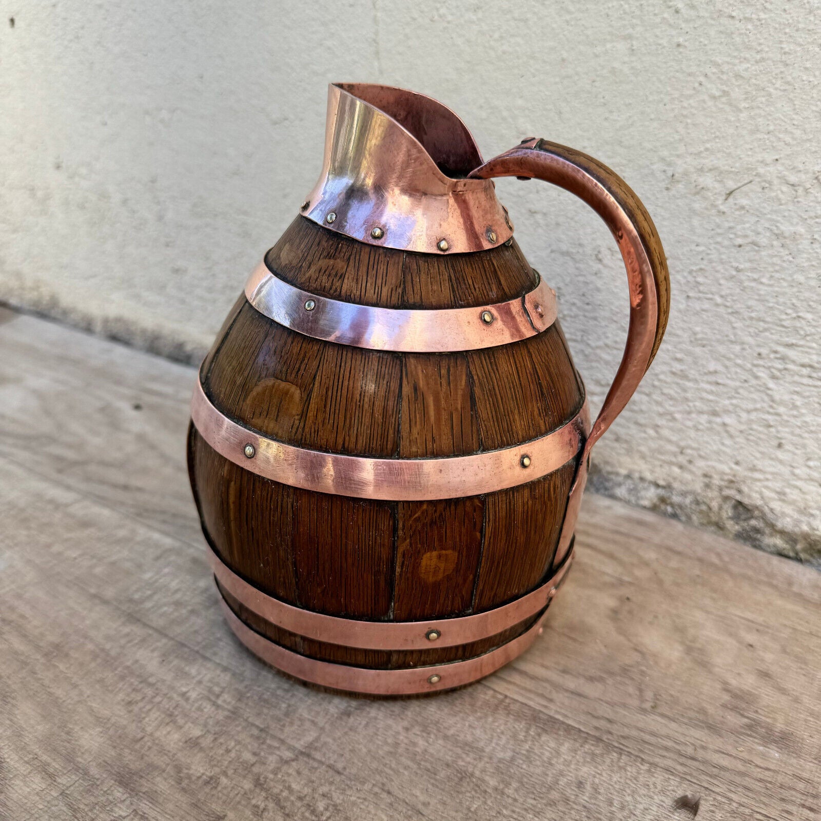 Vintage French Wooden Wine Cider Jug Pitcher Staved Wood Metal 7" 12062418 - Fleamarketfrance