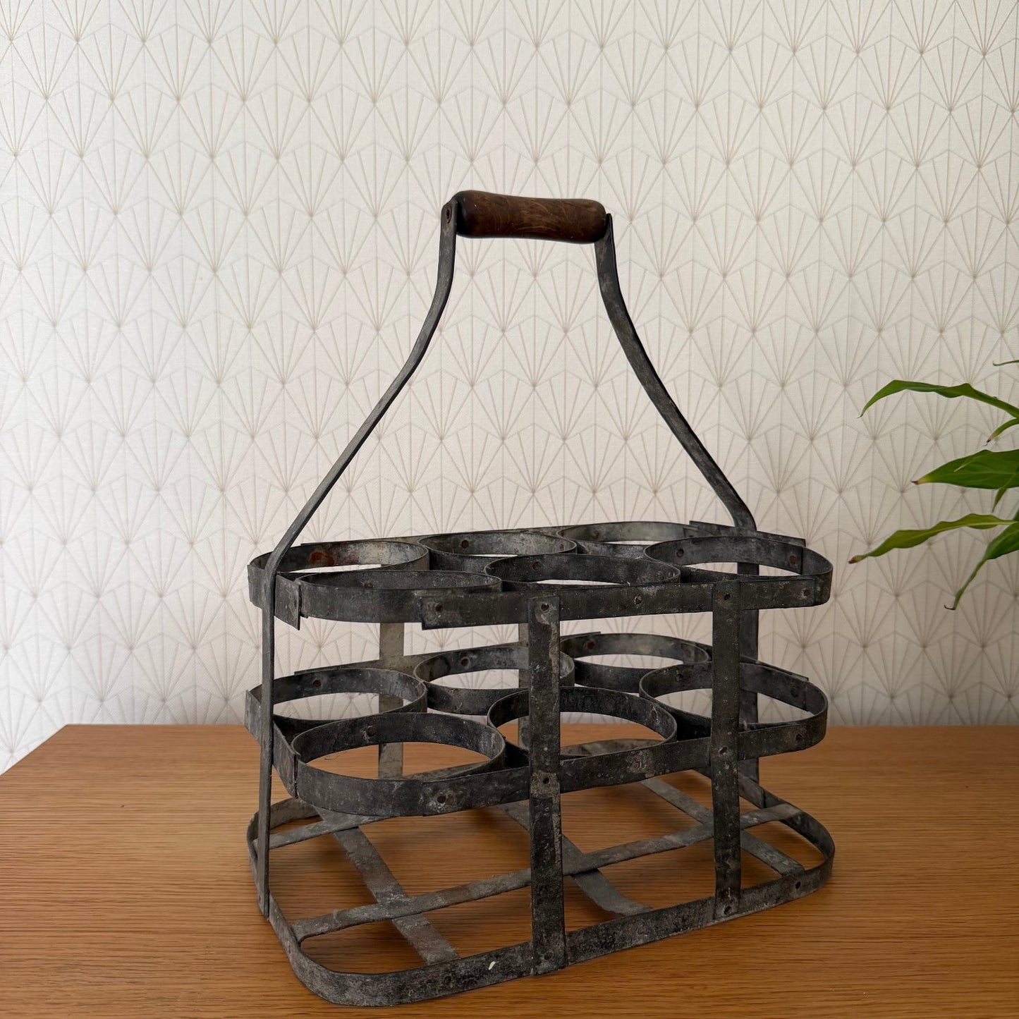 VINTAGE FRENCH Handmade Zinc Metalware 6 Bottle Wine Carrier Basket 08102512