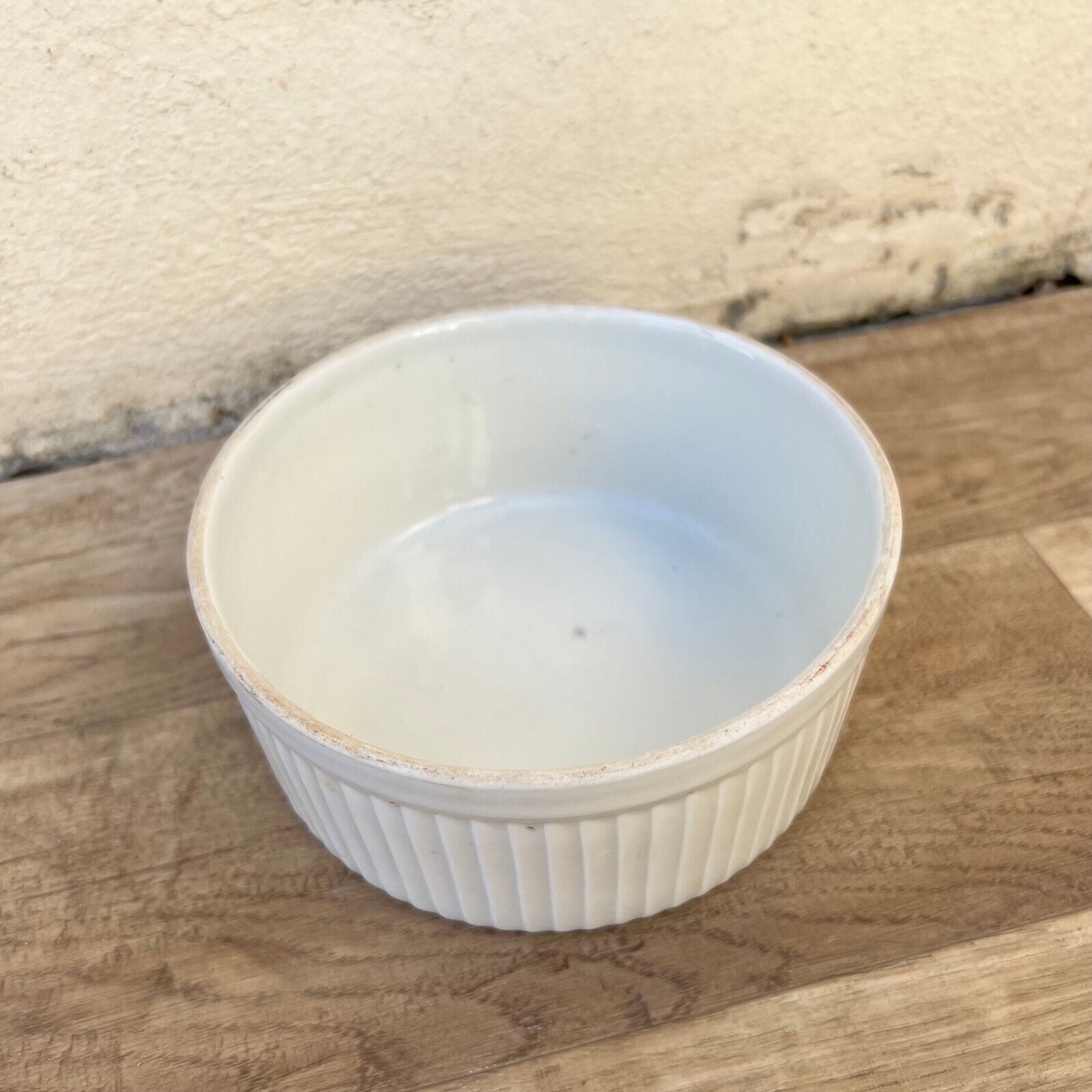 Vintage French 6 3/4” Round White Ribbed Souffle Dish Porcelain stamped 1707229 - Fleamarketfrance