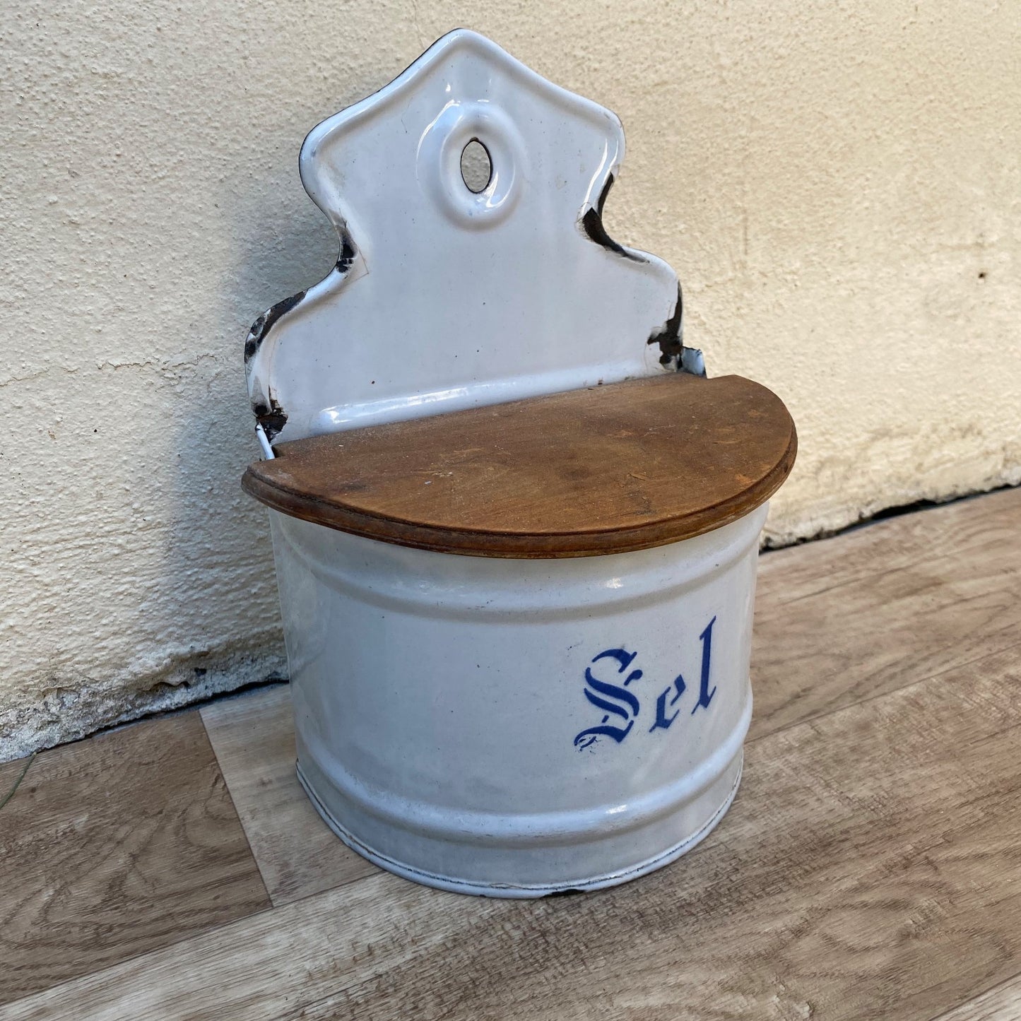 French Enamel Wall Mount Salt Box Container With Wood Lid 04072620 Unbranded