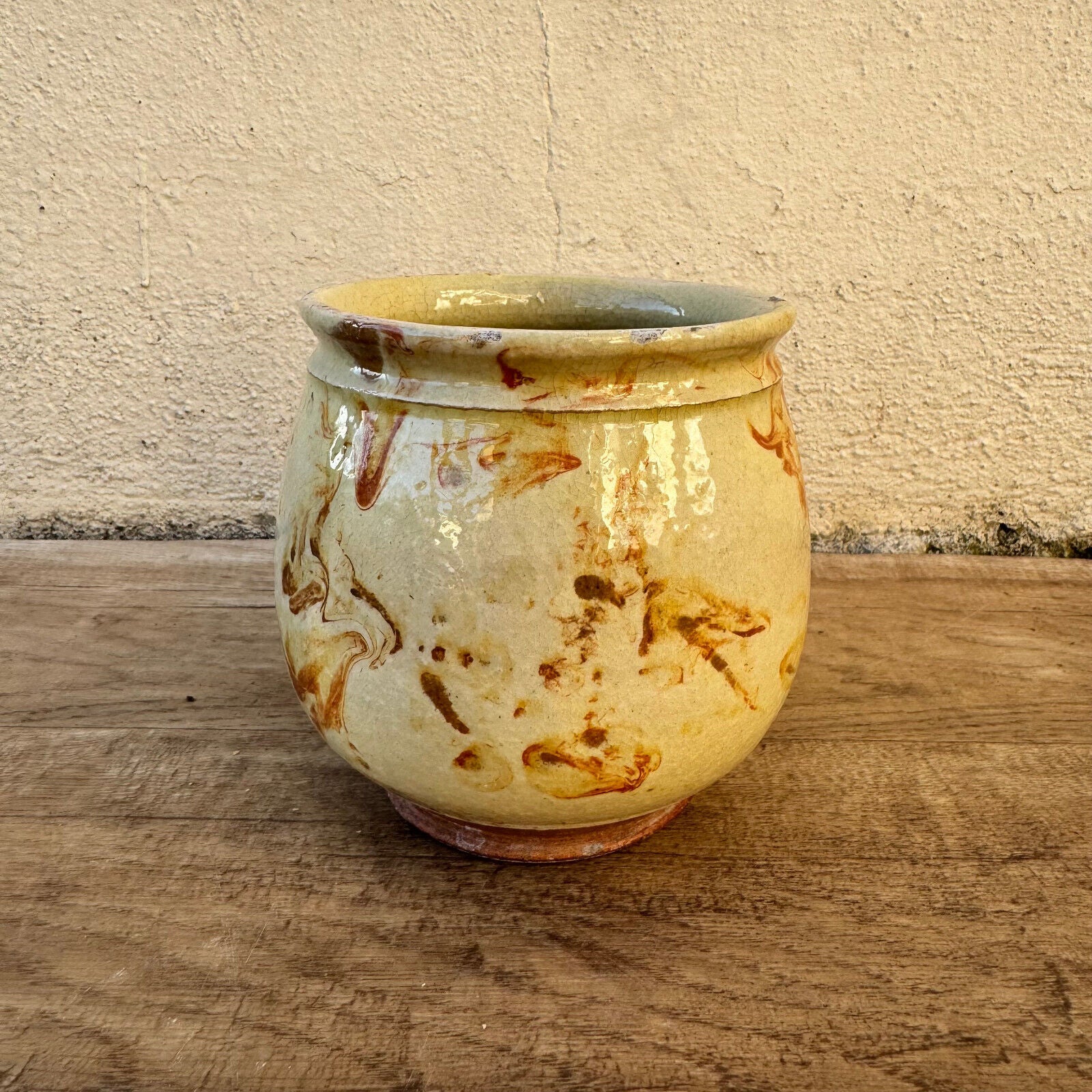 HANDMADE GLAZED BROWN YELLOW ANTIQUE FRENCH HONEY POT TERRACOTTA 1202259 - Fleamarketfrance