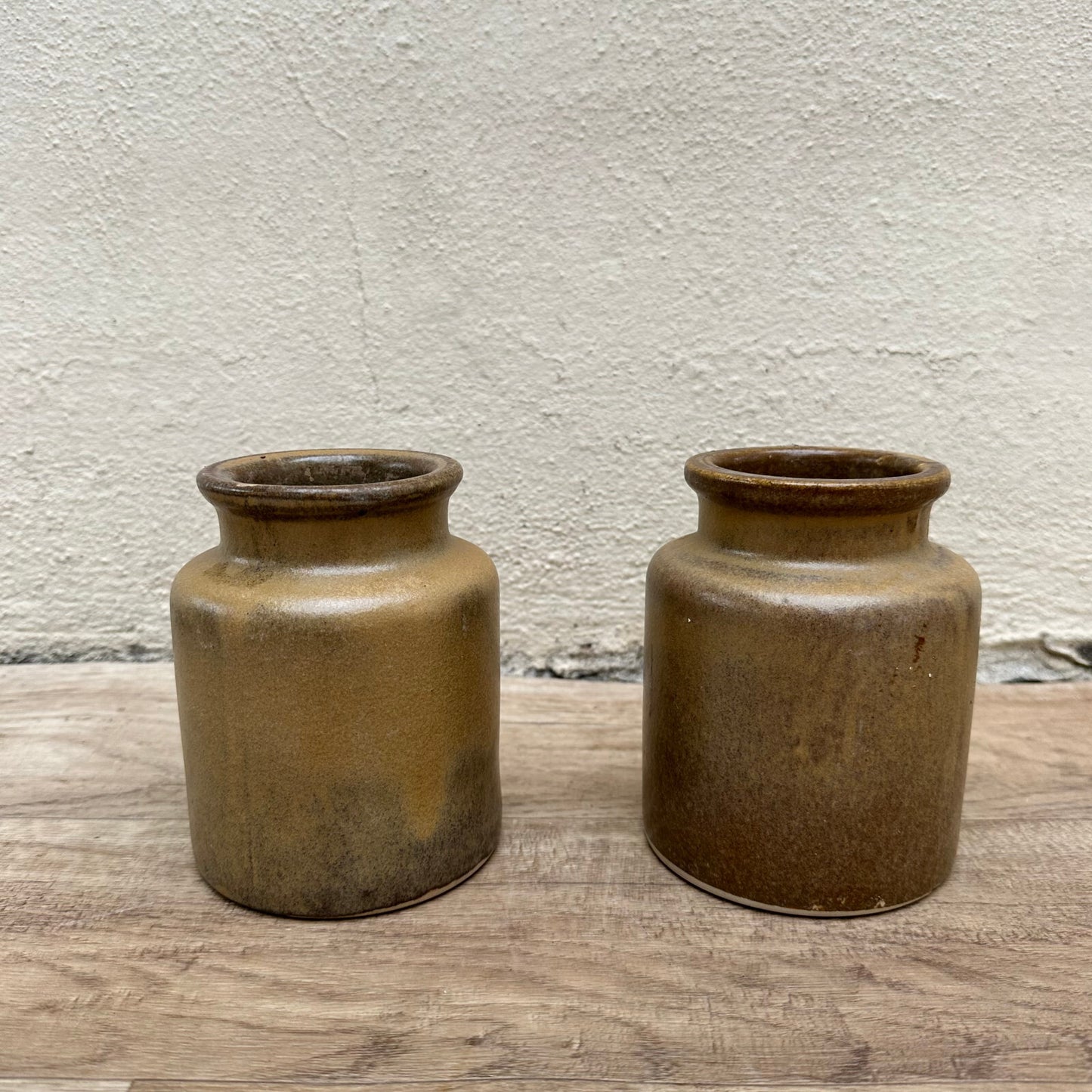 French Stoneware Mustard Pots Antique Brown Glazed Handmade Pair 1511233 Unmarked