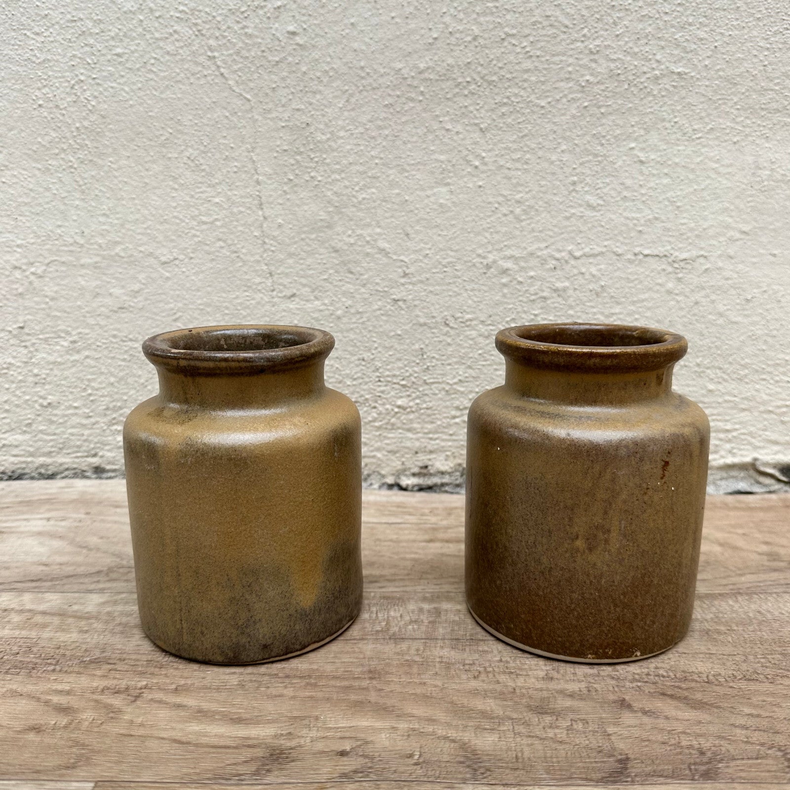 French Stoneware Mustard Pots Antique Brown Glazed Handmade Pair 1511233 Unmarked