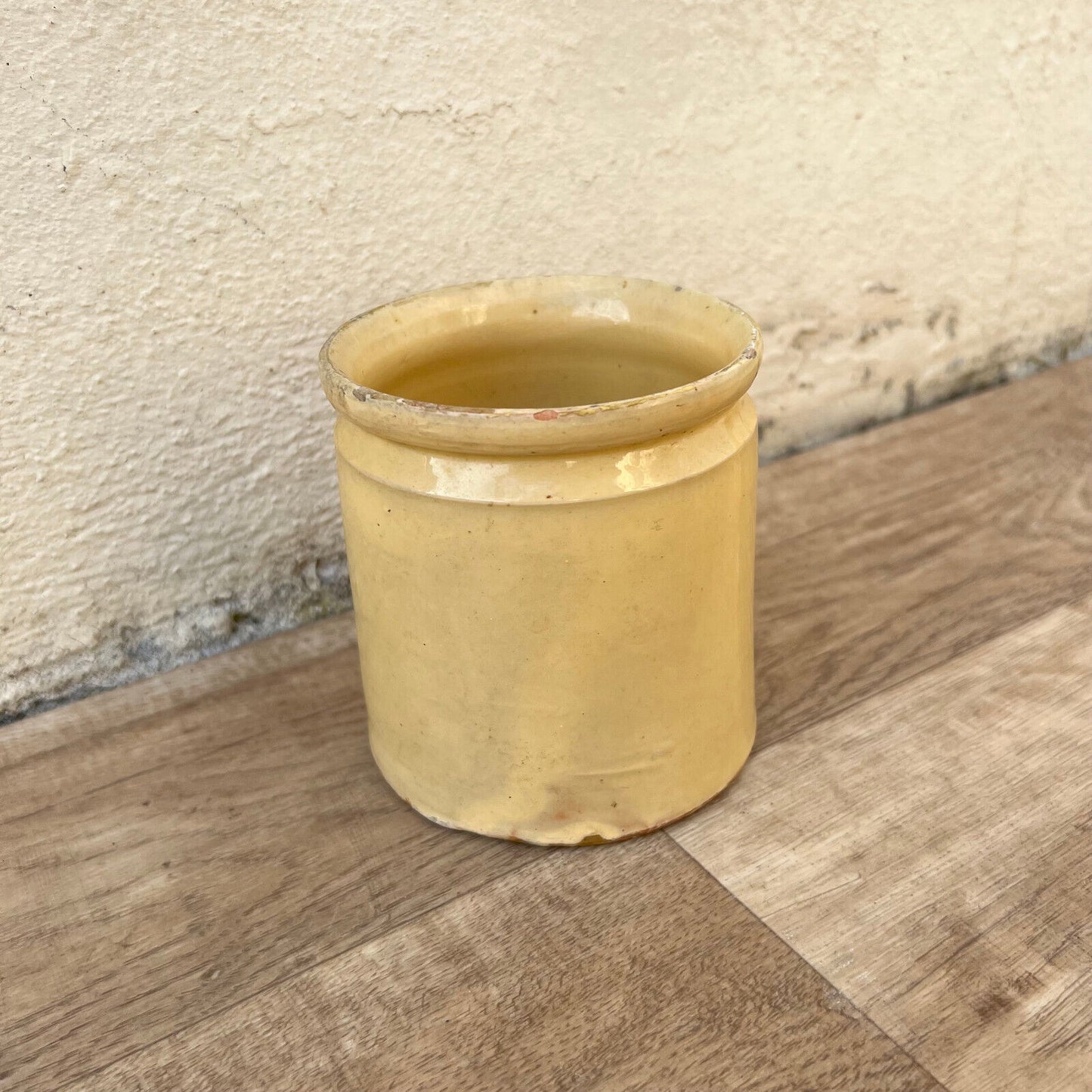 HANDMADE GLAZED YELLOW ANTIQUE FRENCH CONFIT JAM POT 4 1/4" TERRACOTTA  12102411 - Fleamarketfrance