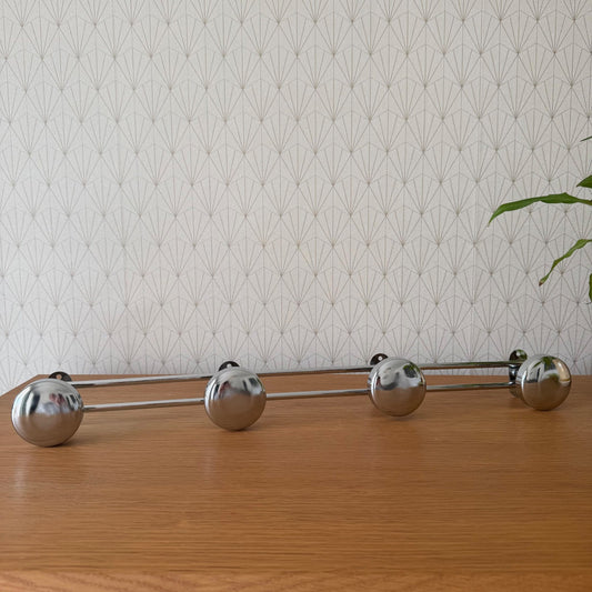 Vintage French chrome wall coat hooks rack with four spherical hooks mounted on horizontal rails, 1960s-70s mid-century design