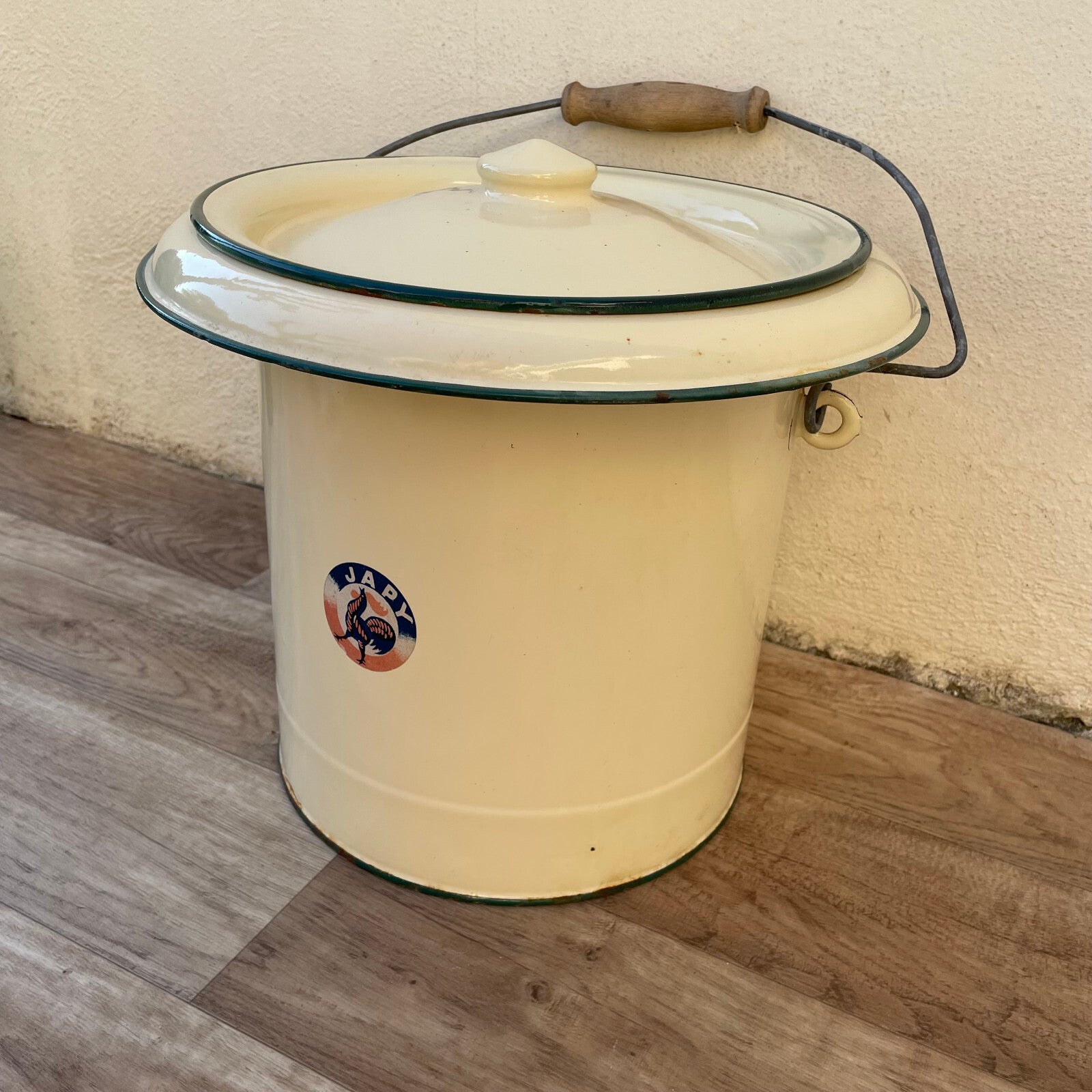 Vintage French Enamel water enameled bucket yellow tag JAPY bathroom 1512251 Fleamarketfrance