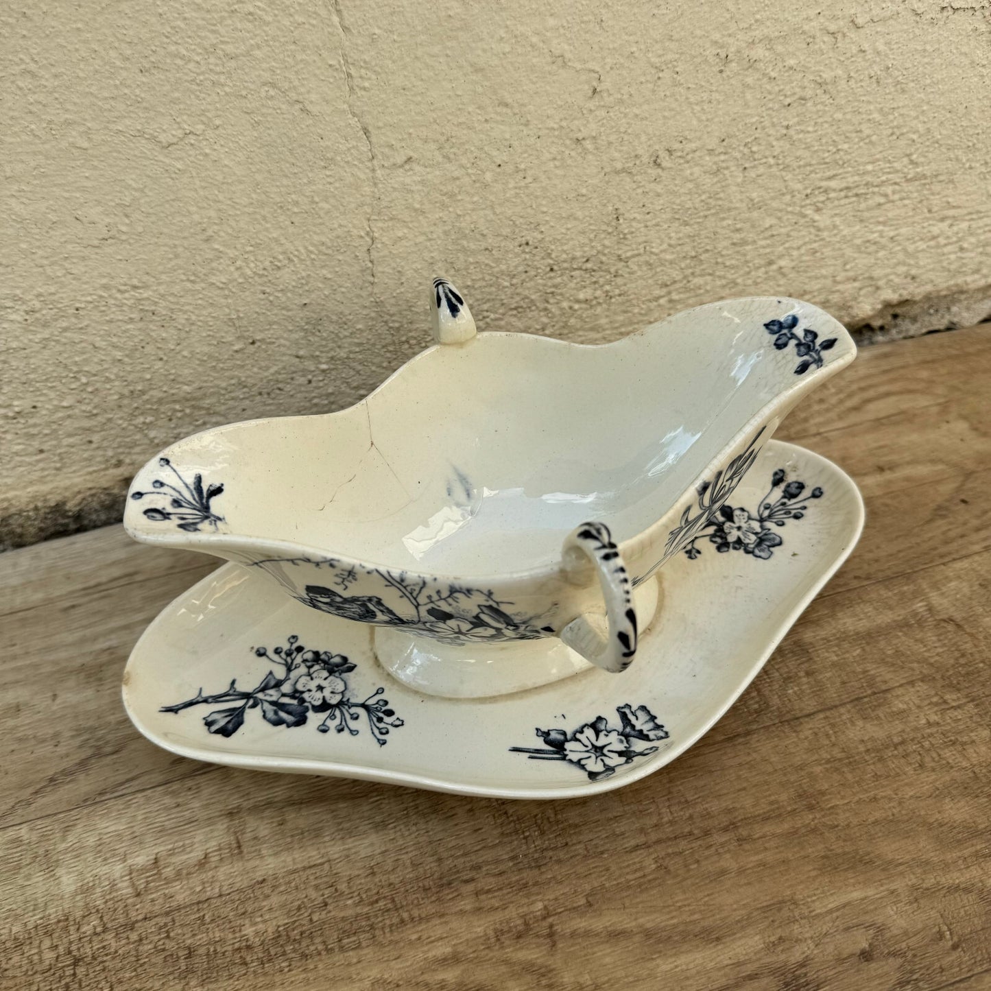 French Sauce Boat E. Bourgeois Paris Blue Floral Earthenware 09072417 Fleamarketfrance