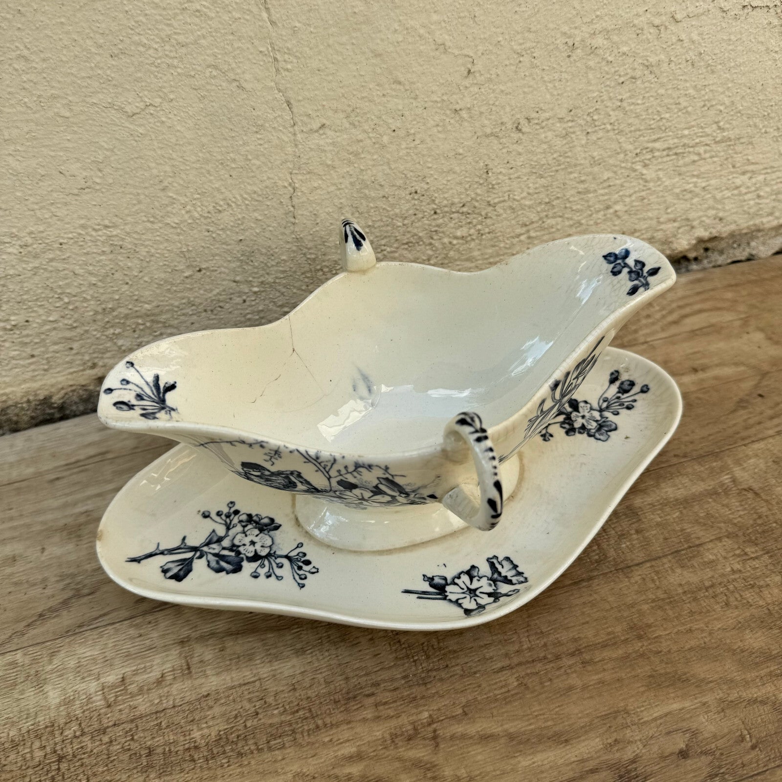 French Sauce Boat E. Bourgeois Paris Blue Floral Earthenware 09072417 Fleamarketfrance