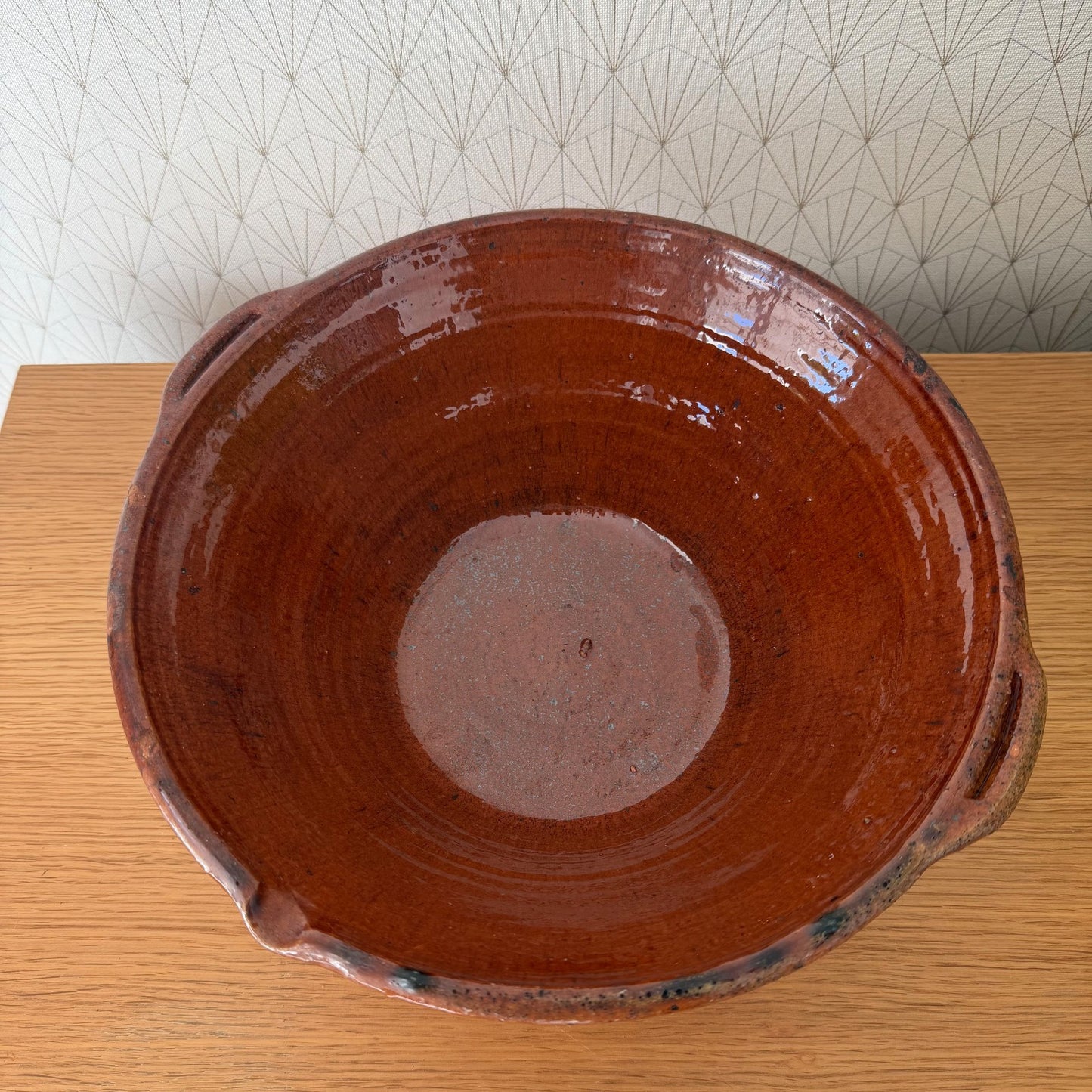 VINTAGE FRENCH GLAZED TERRACOTTA SALAD MIXING BOWL TERRINE TIAN 13 1/4" 0312253 Fleamarketfrance : French vintage and antique decor