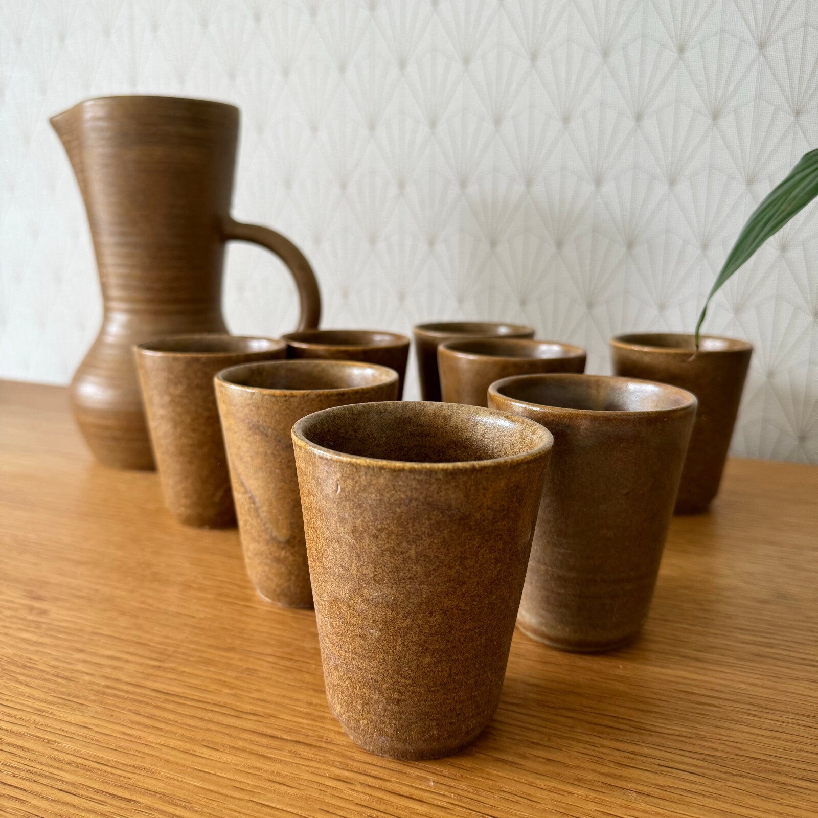 French Stoneware Pitcher Set Digoin Pottery 8 Cups Vintage 08082410 Digoin
