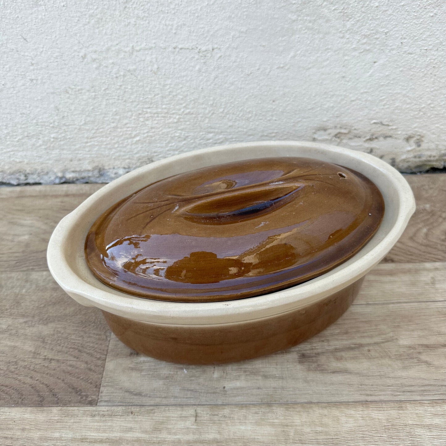 Vintage FRENCH brown beige GLAZED LIDDED STONEWARE TERRINE 12092427 - Fleamarketfrance