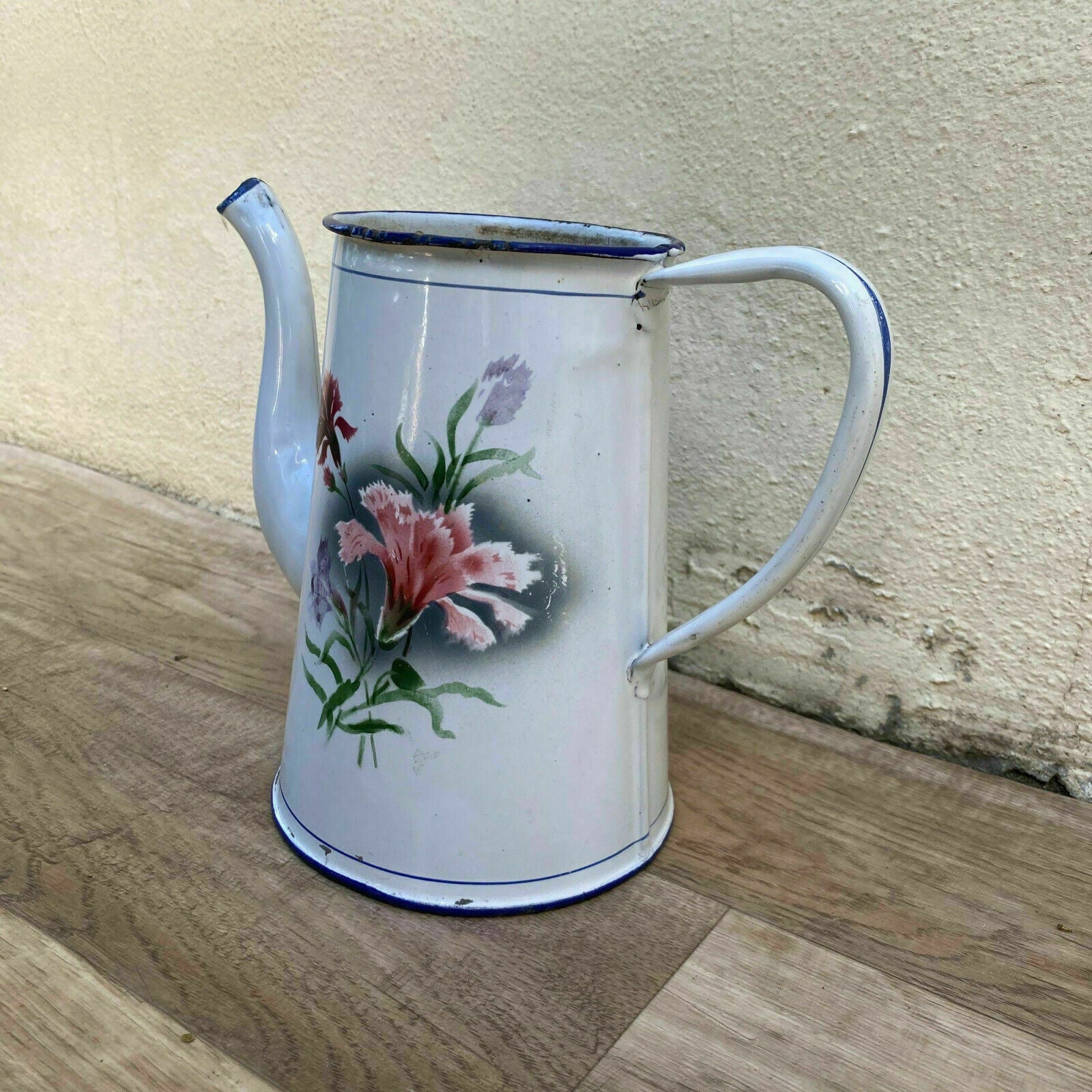 Vintage French Enamelware enameled white flowers Enamel Coffee Pot 30012116 - Fleamarketfrance