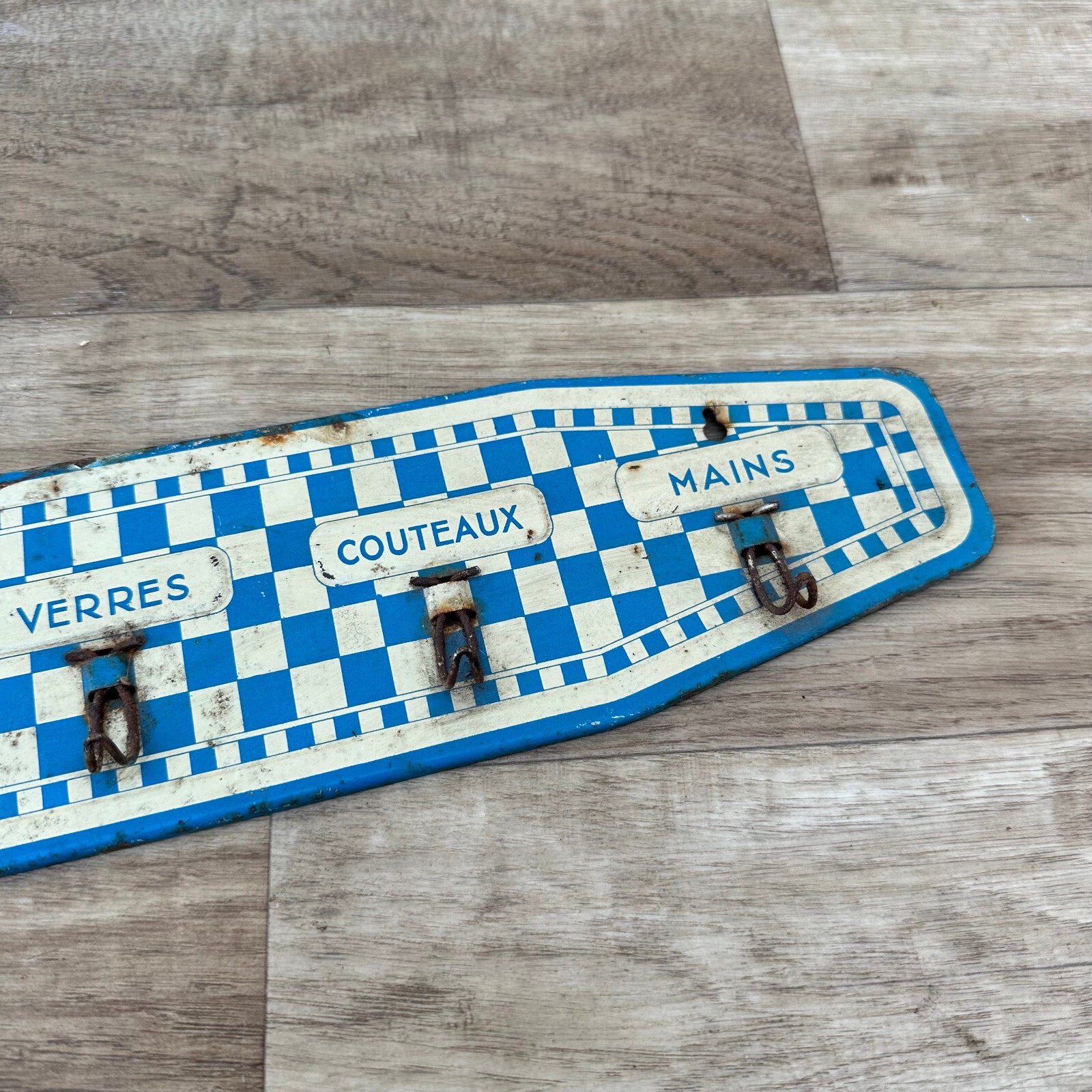 French Kitchen Towel Rack Blue White Checkered Metal Hooks Vintage 1206236 Unbranded
