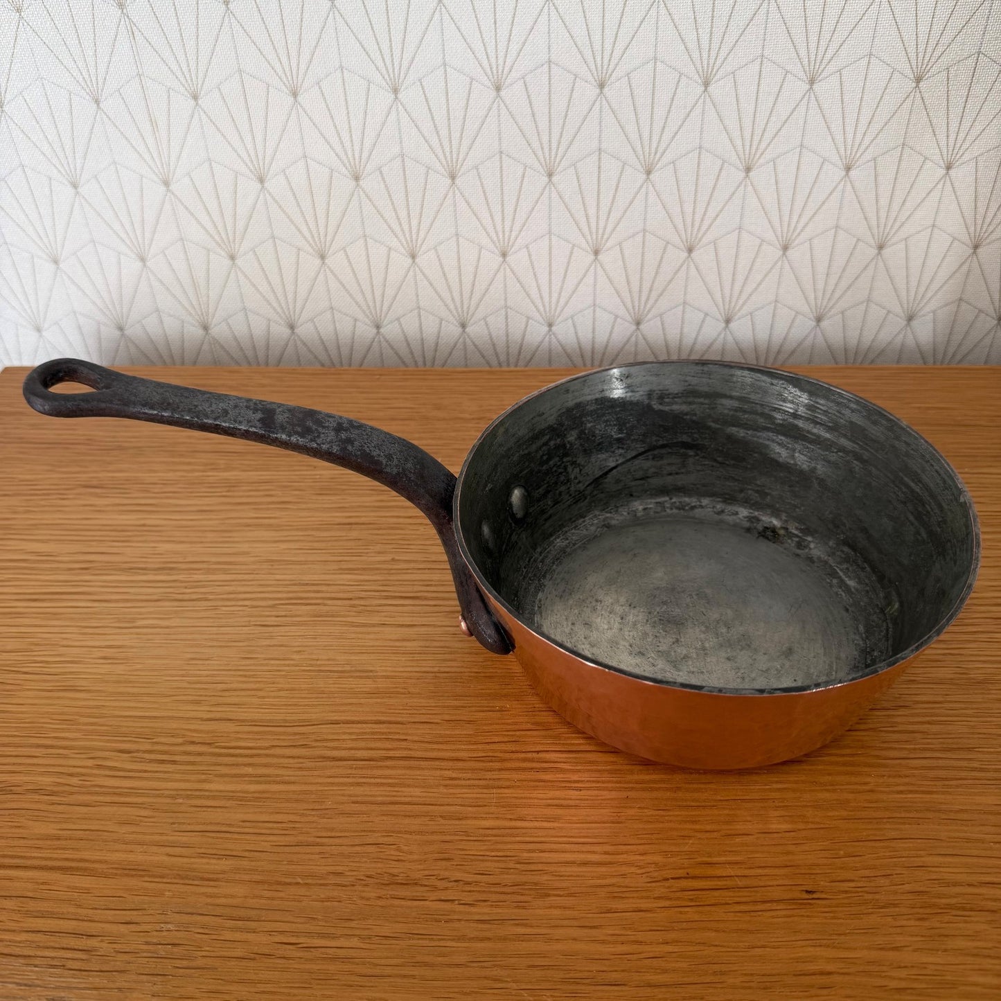 Tin-lined interior of Gaillard Paris copper pan, professional cookware