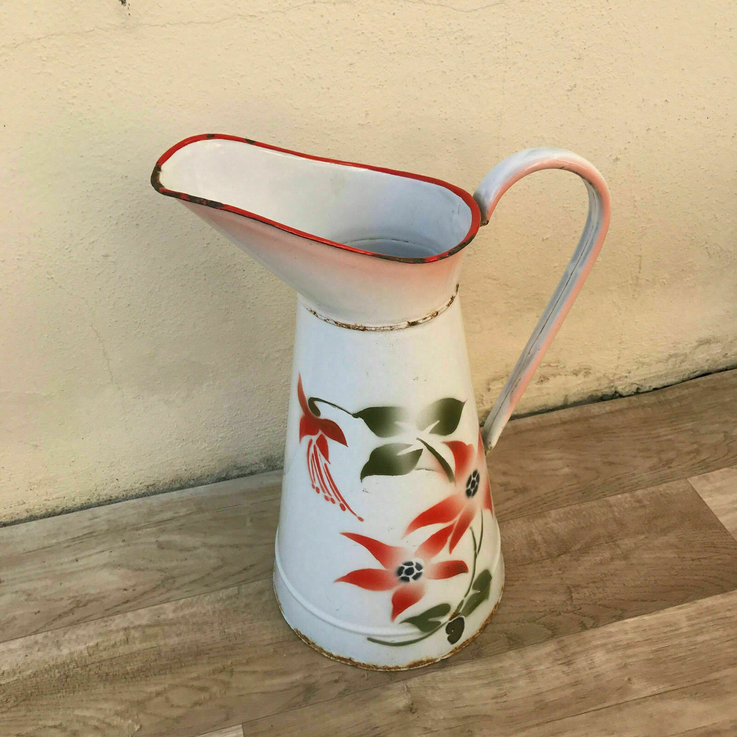 Vintage French Enamel pitcher jug water enameled white with flowers 2601182 - Fleamarketfrance