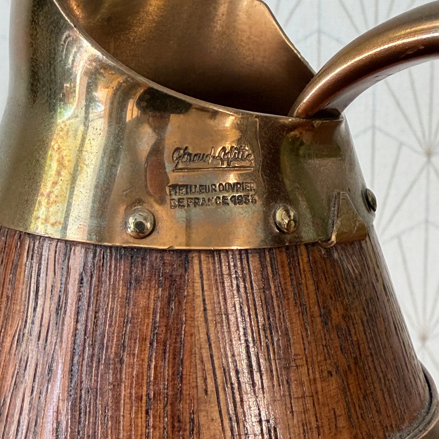 Antique French Oak Brass Wine Pitcher Staved Wood Cider Jug 1407261