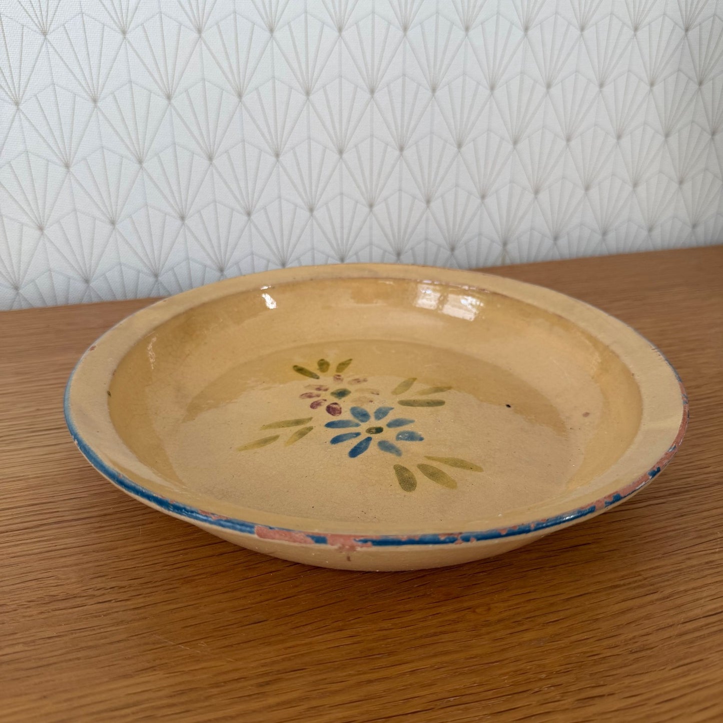 Antique French Terracotta Plate Ochre Glaze Floral Decor 04092627