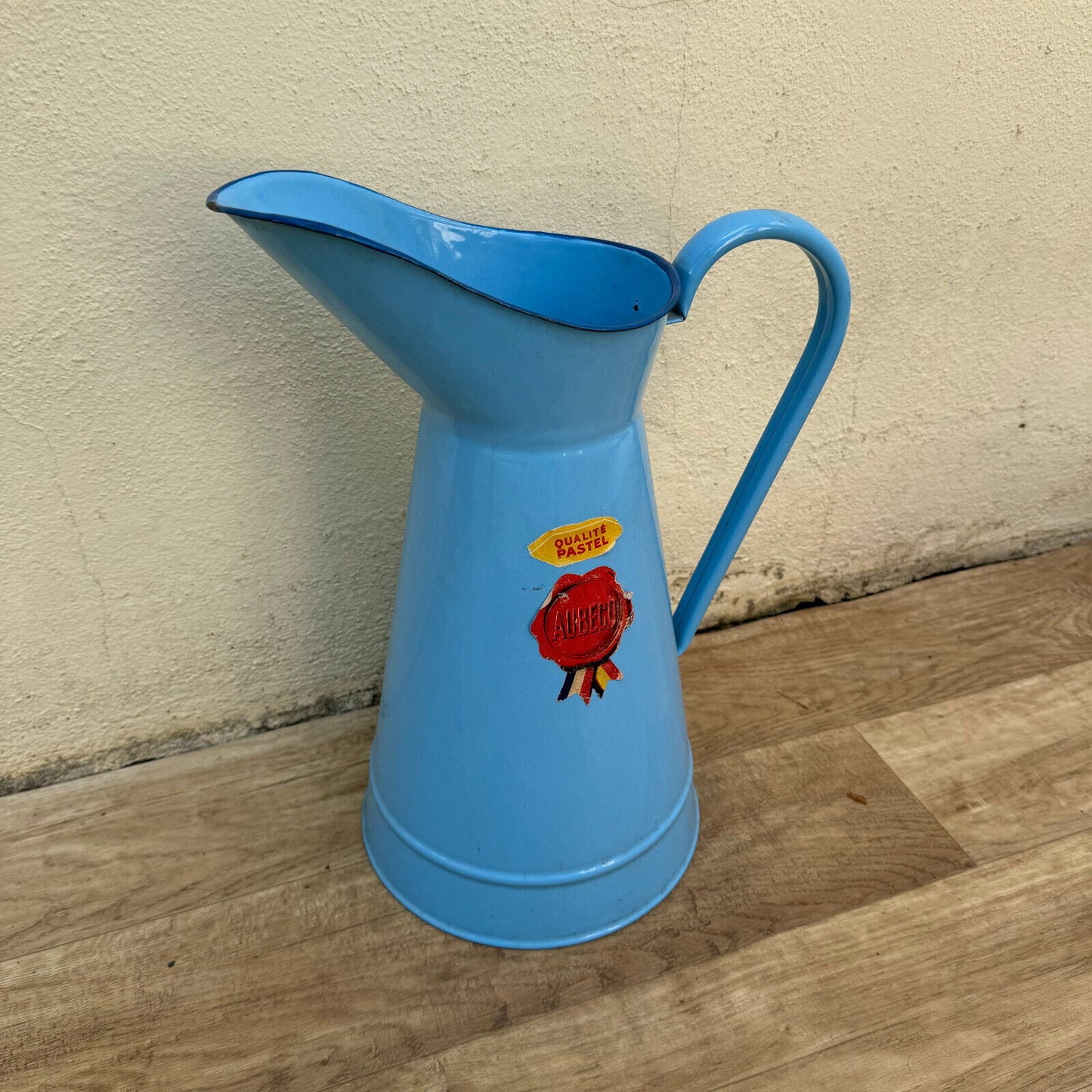 Vintage French Enamel pitcher jug water enameled blue with tags 1907241 - Fleamarketfrance