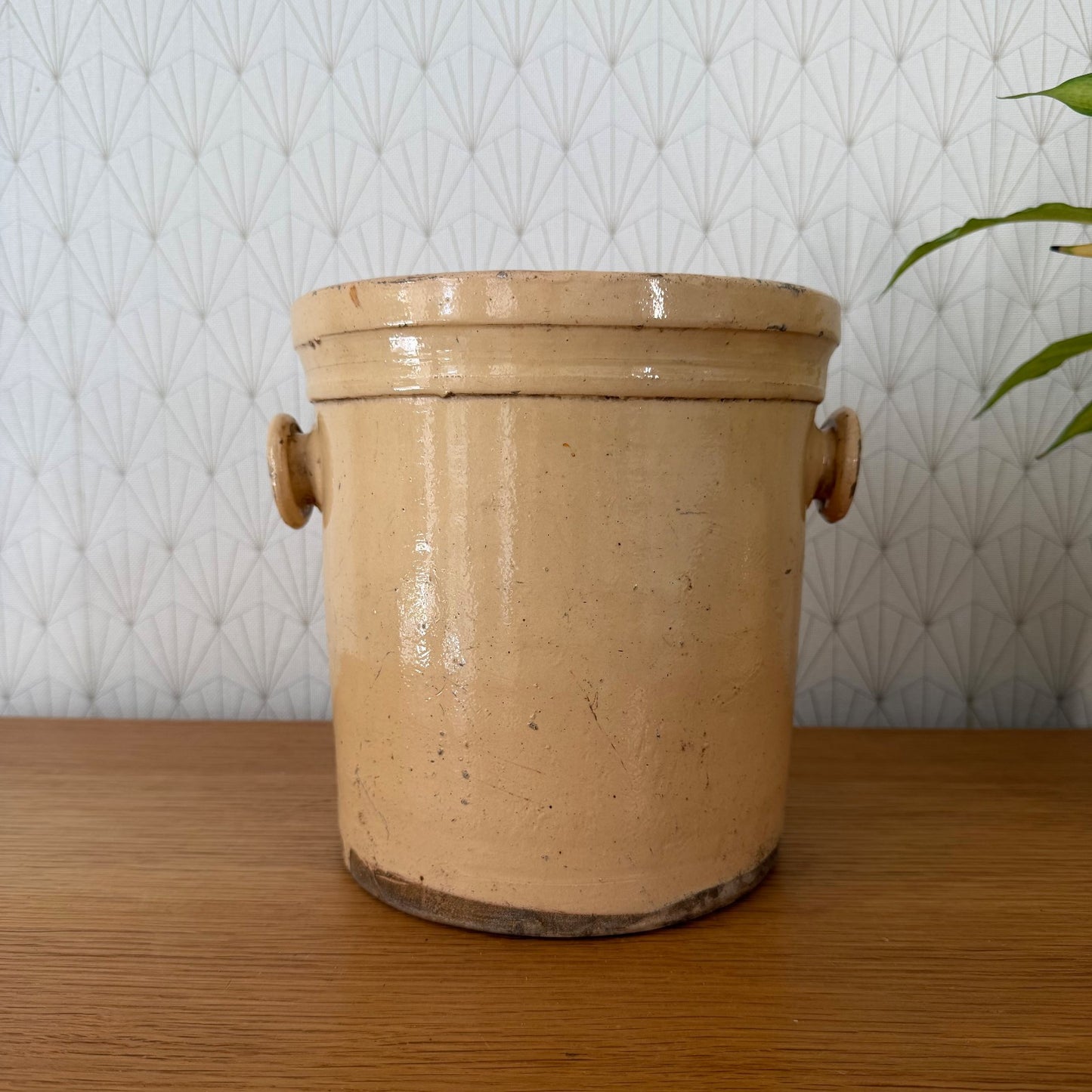 Antique French stoneware crock without lid, cylindrical storage vessel