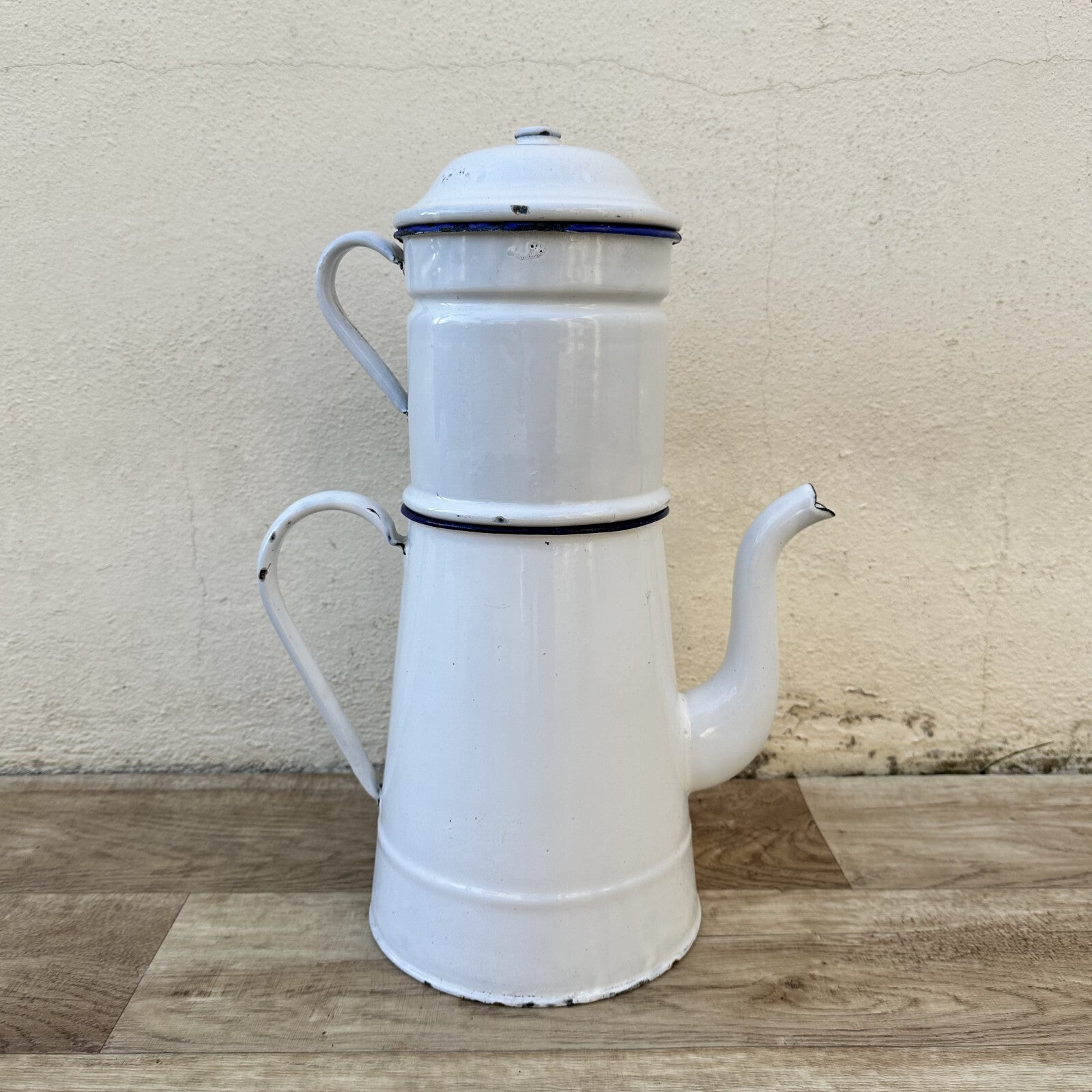 French Enamel Coffee Pot White Blue Trim Biggin Filter Vintage 1302233 Fleamarketfrance