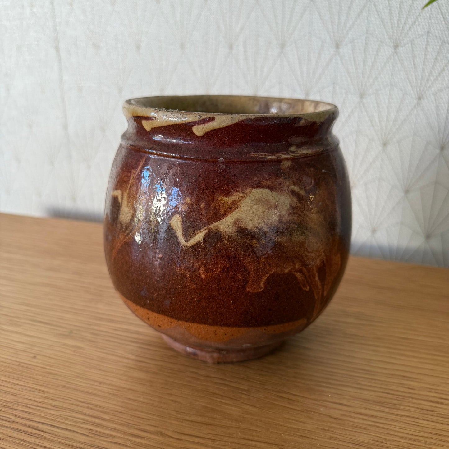 HANDMADE GLAZED RED YELLOW ANTIQUE FRENCH HONEY POT TERRACOTTA 1904258 Unmarked