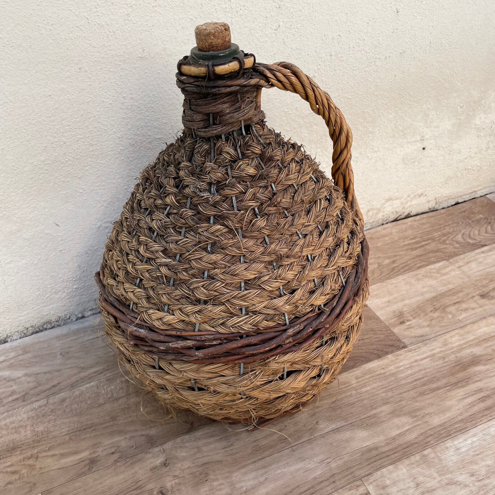 Old French Green Dame Jeanne Demi John Carboy Bottle bonbonne rattan 2710221 - Fleamarketfrance