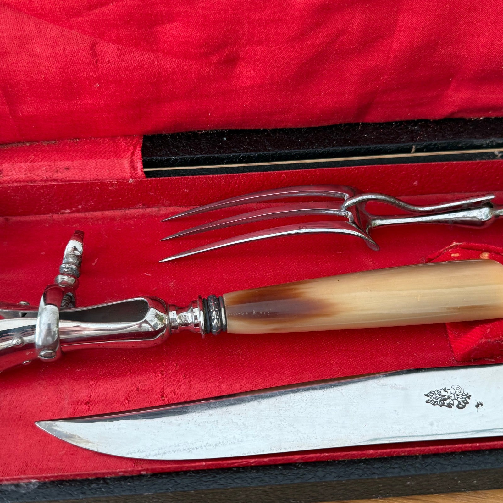 French Carving Set Vintage 3 Piece Horn Handle Gigot Service Box 1807256 Fleamarketfrance