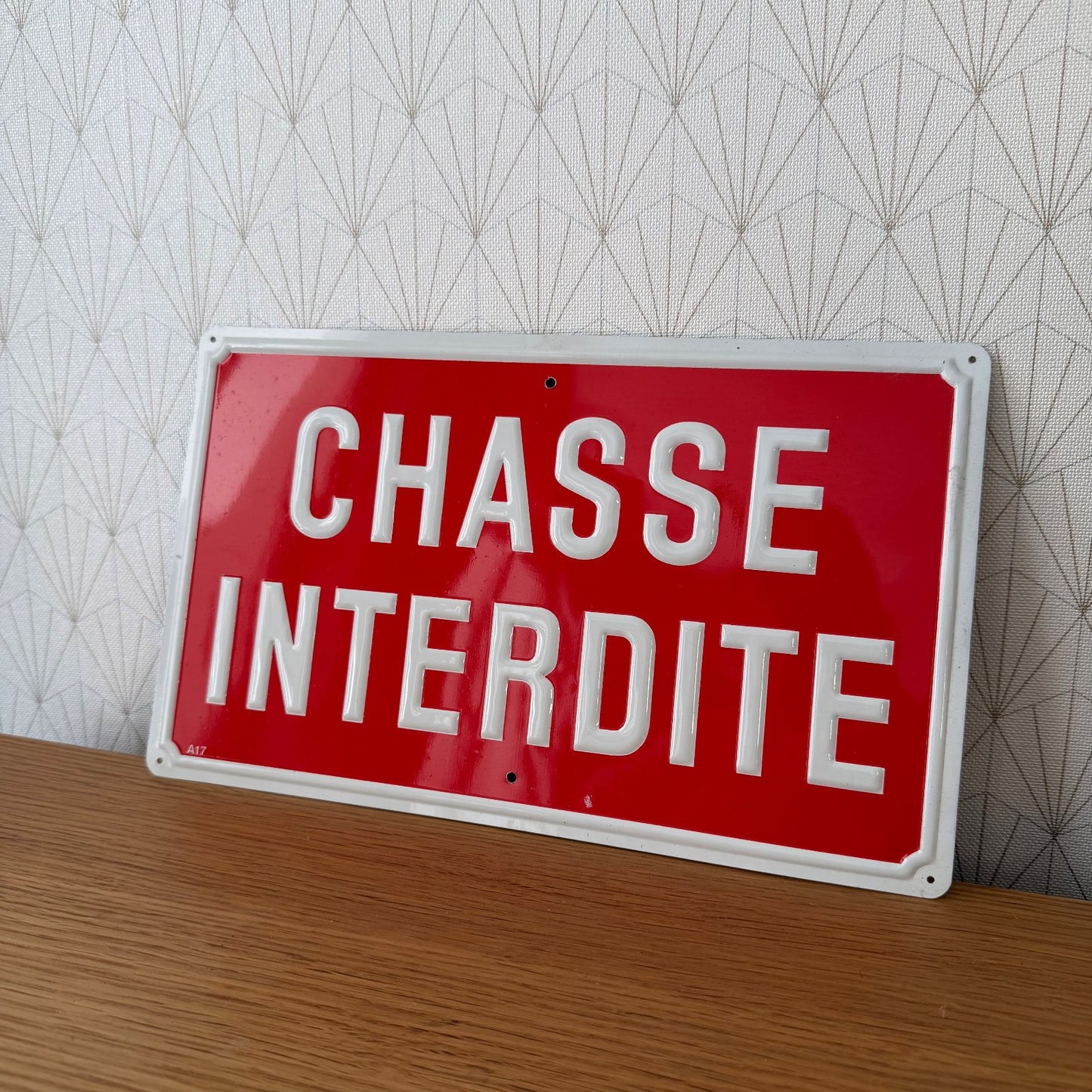 French Enamel Chasse Interdite Hunting Sign Red White Plaque 1407264