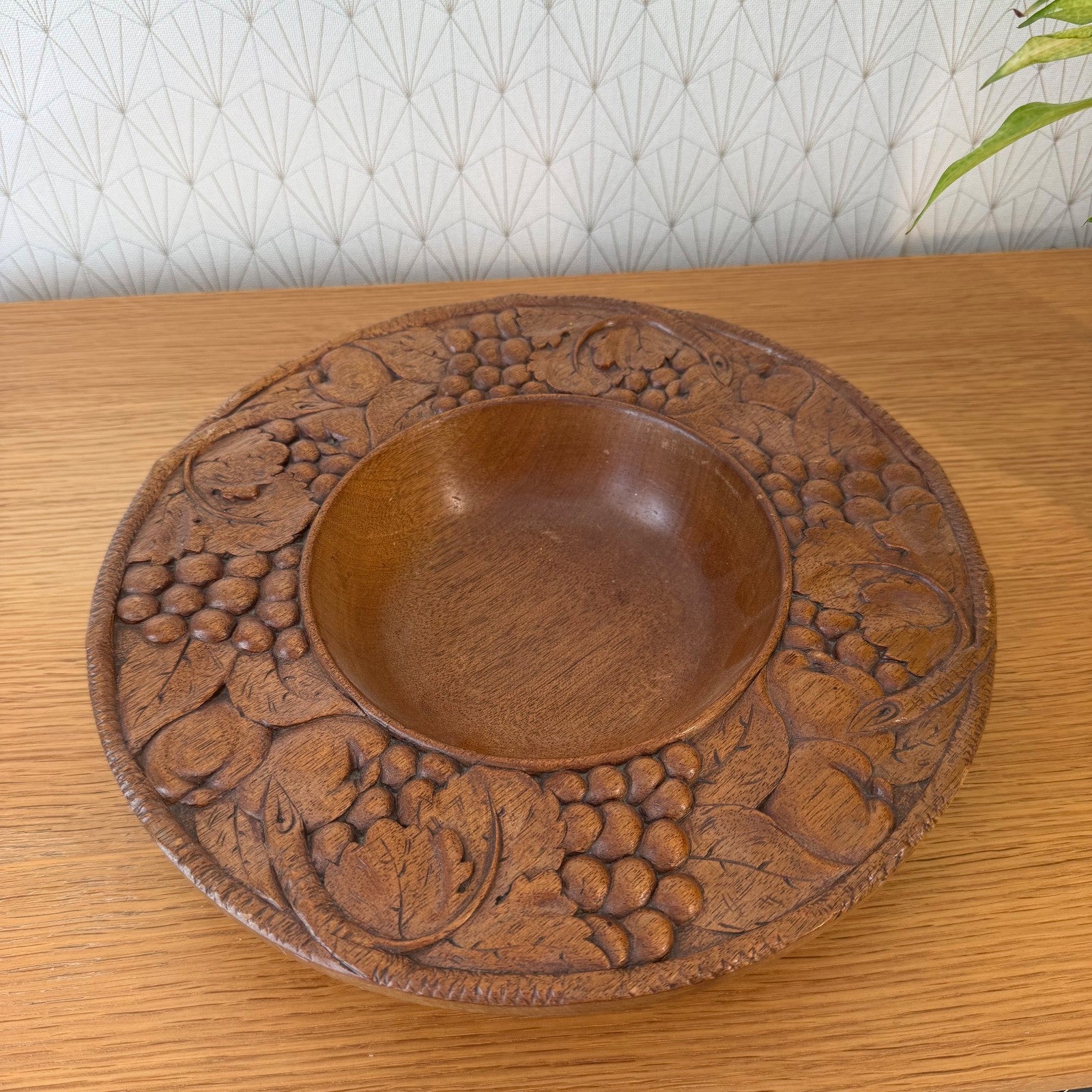 Vintage French Carved Wooden Fruit Bowl Grape Motif 13.6" 1006265 Vermillion Real Walnut