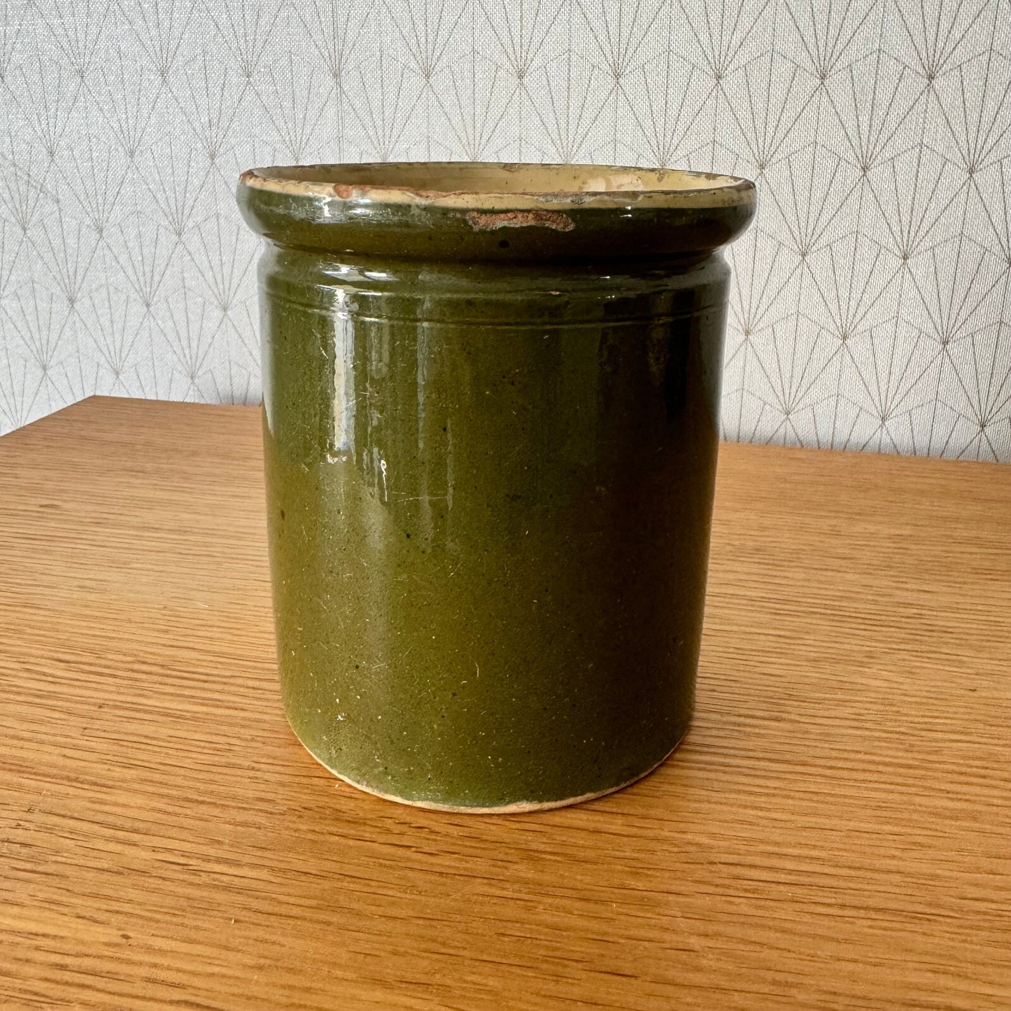 French Pottery Jam Jar Savoie Folk Art Green Glaze Antique 1906241 Unmarked