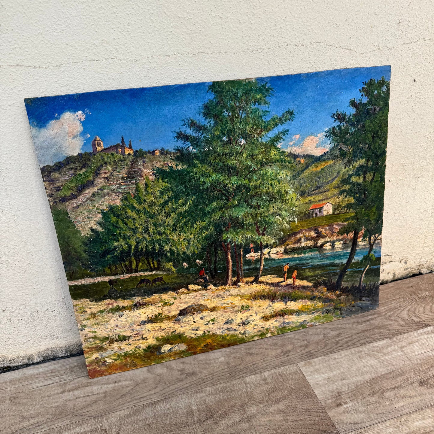 Vintage French Oil Painting Provence River Landscape Signed Wood 0706248 Fleamarketfrance