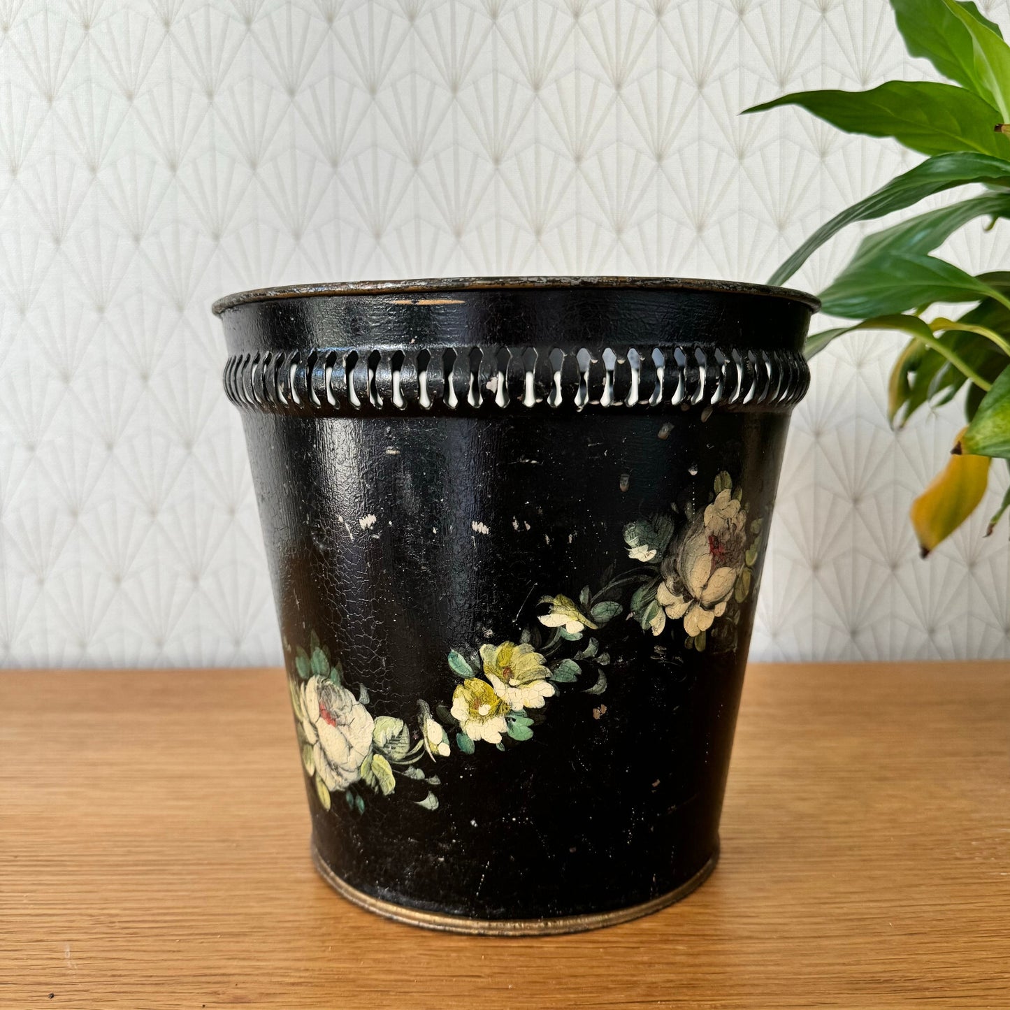 Antique French Tole Basket Victorian Painted Flowers Black Metal 15062420 Fleamarketfrance