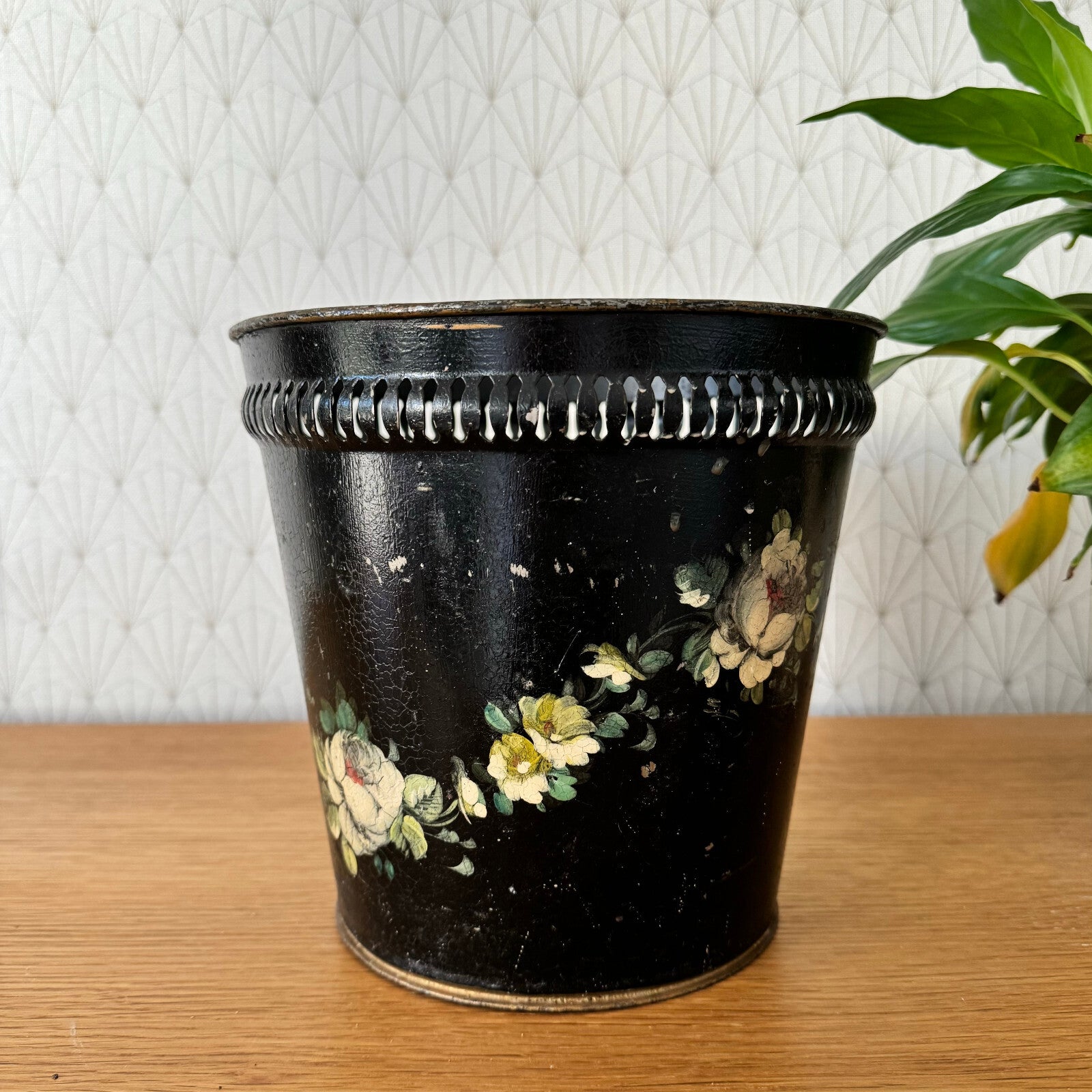 Antique French Tole Basket Victorian Painted Flowers Black Metal 15062420 Fleamarketfrance