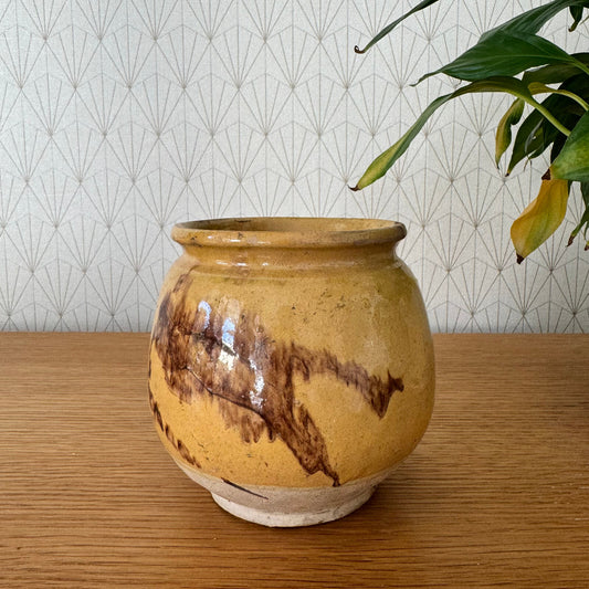 French Confit Pot Yellow Glazed Stoneware Jam Crock Vintage 5" 15062416 Unmarked