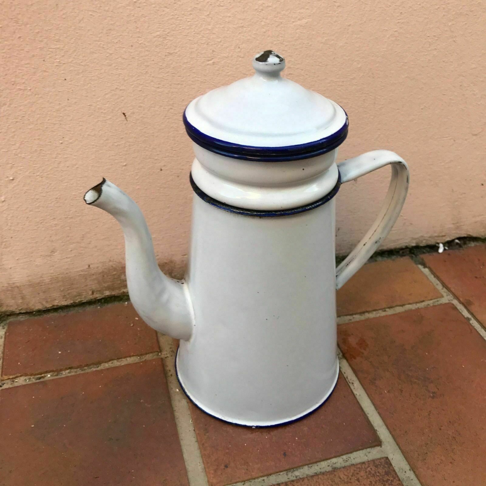 RARE Vintage French Enamelware white and blue Enamel Coffee Pot - Fleamarketfrance