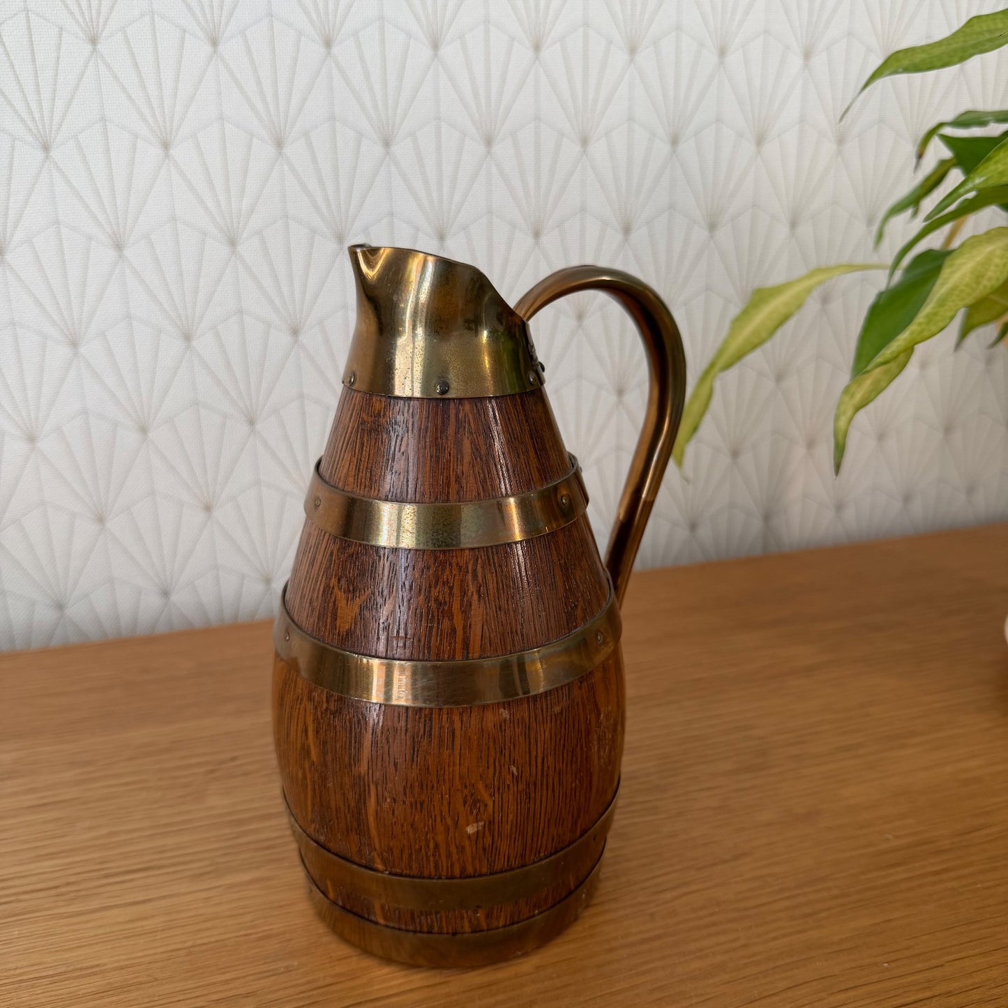 Antique French Oak Brass Wine Pitcher Staved Wood Cider Jug 1407261