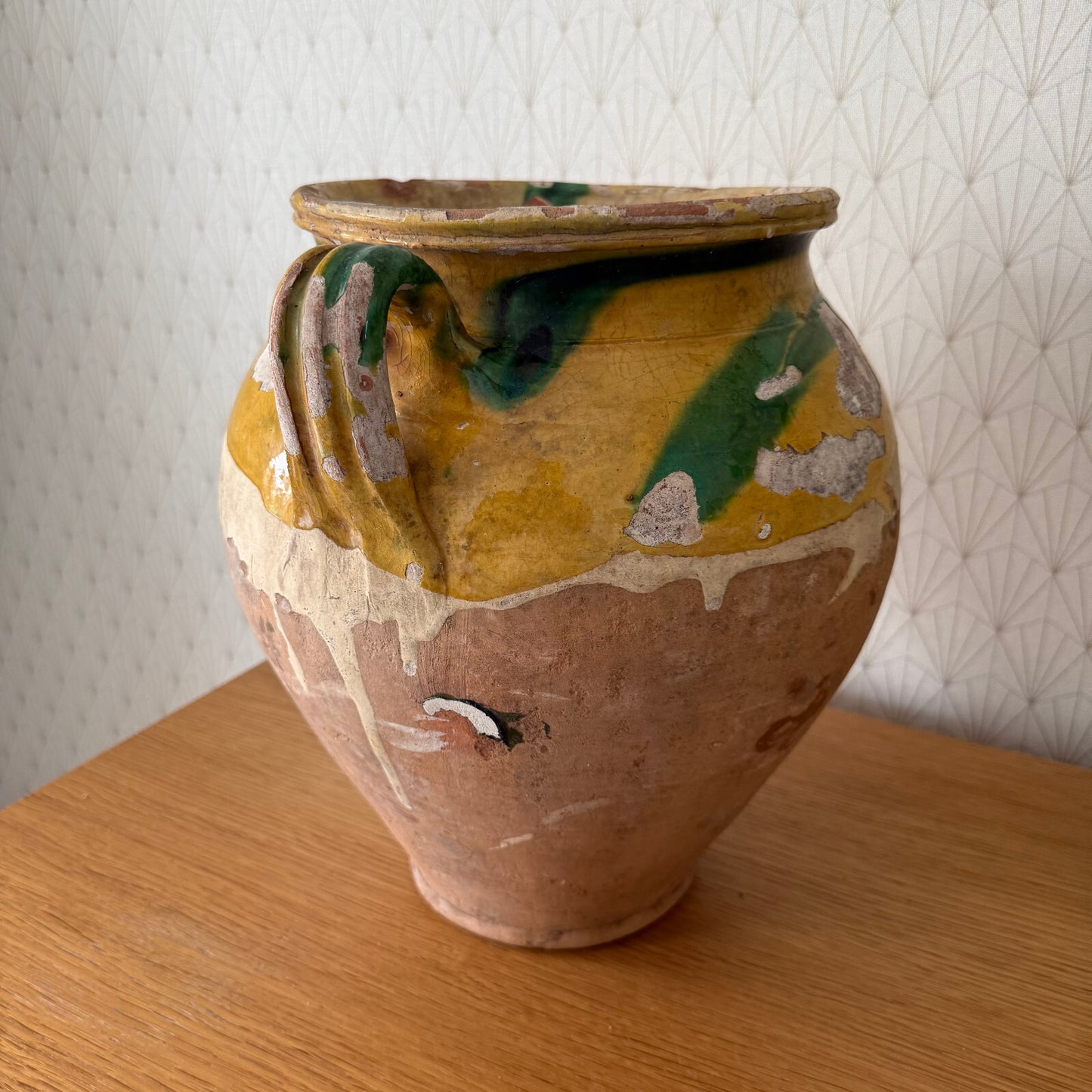 French Confit Pot Antique Terracotta Yellow Green Large Glazed 2302256 Unmarked