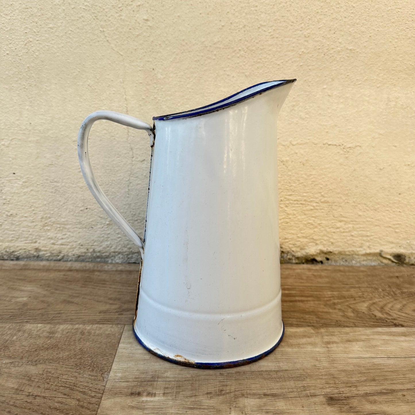 French Enamelware Pitcher White Blue Rim Vintage Water Jug 8" 2509241 Fleamarketfrance