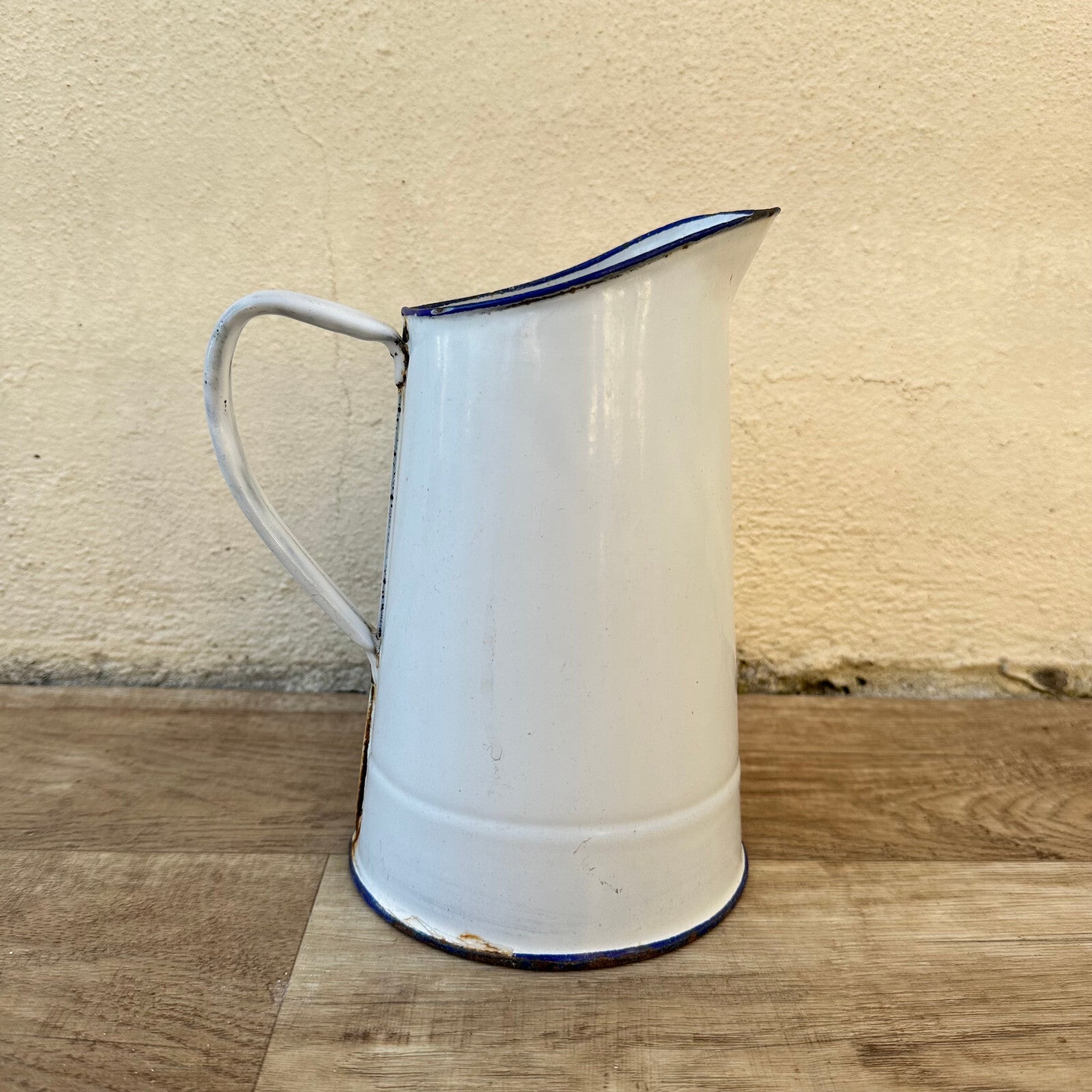 French Enamelware Pitcher White Blue Rim Vintage Water Jug 8" 2509241 Fleamarketfrance