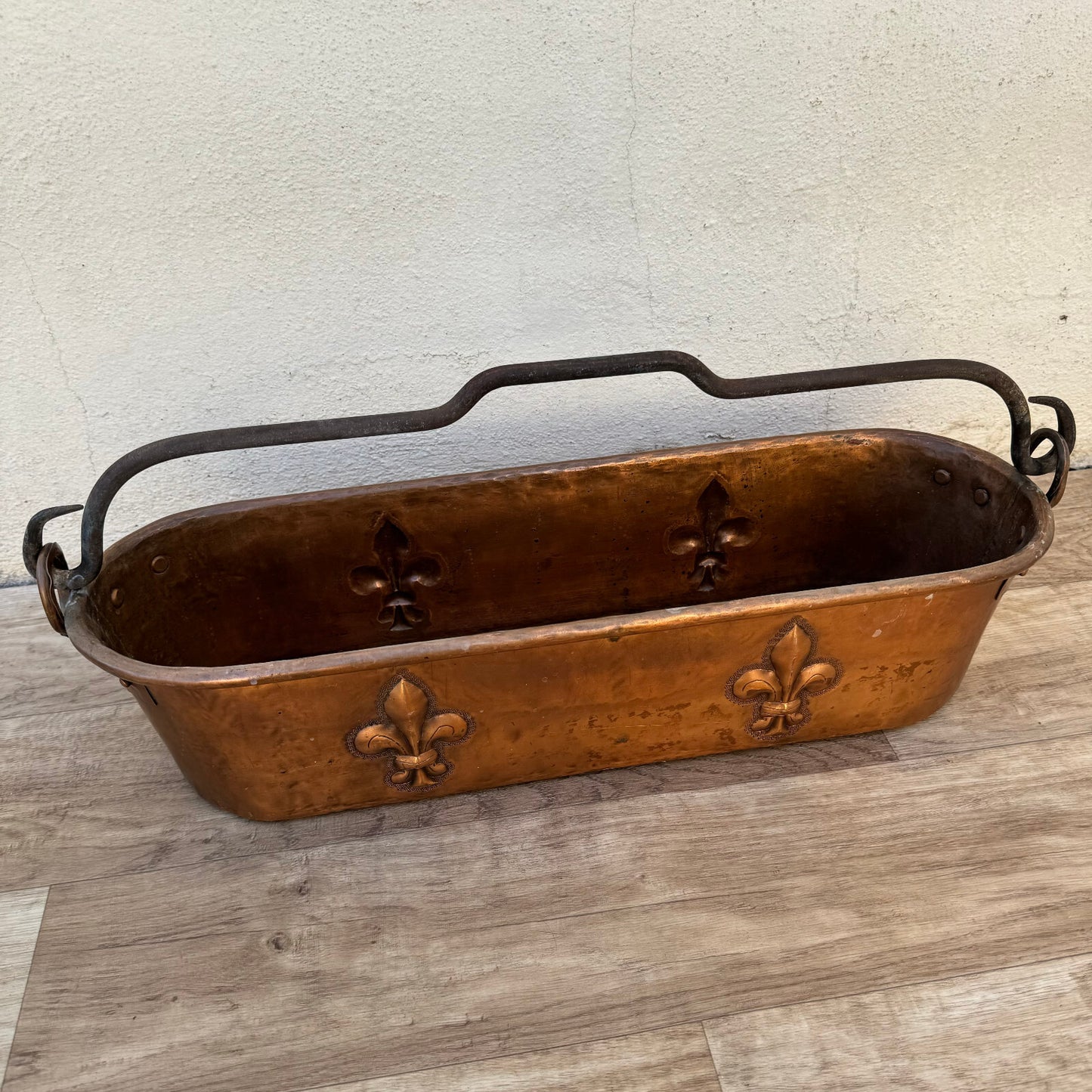 French Copper Fish Kettle Fleur de Lis Antique Poacher Planter 1404241 Villedieu