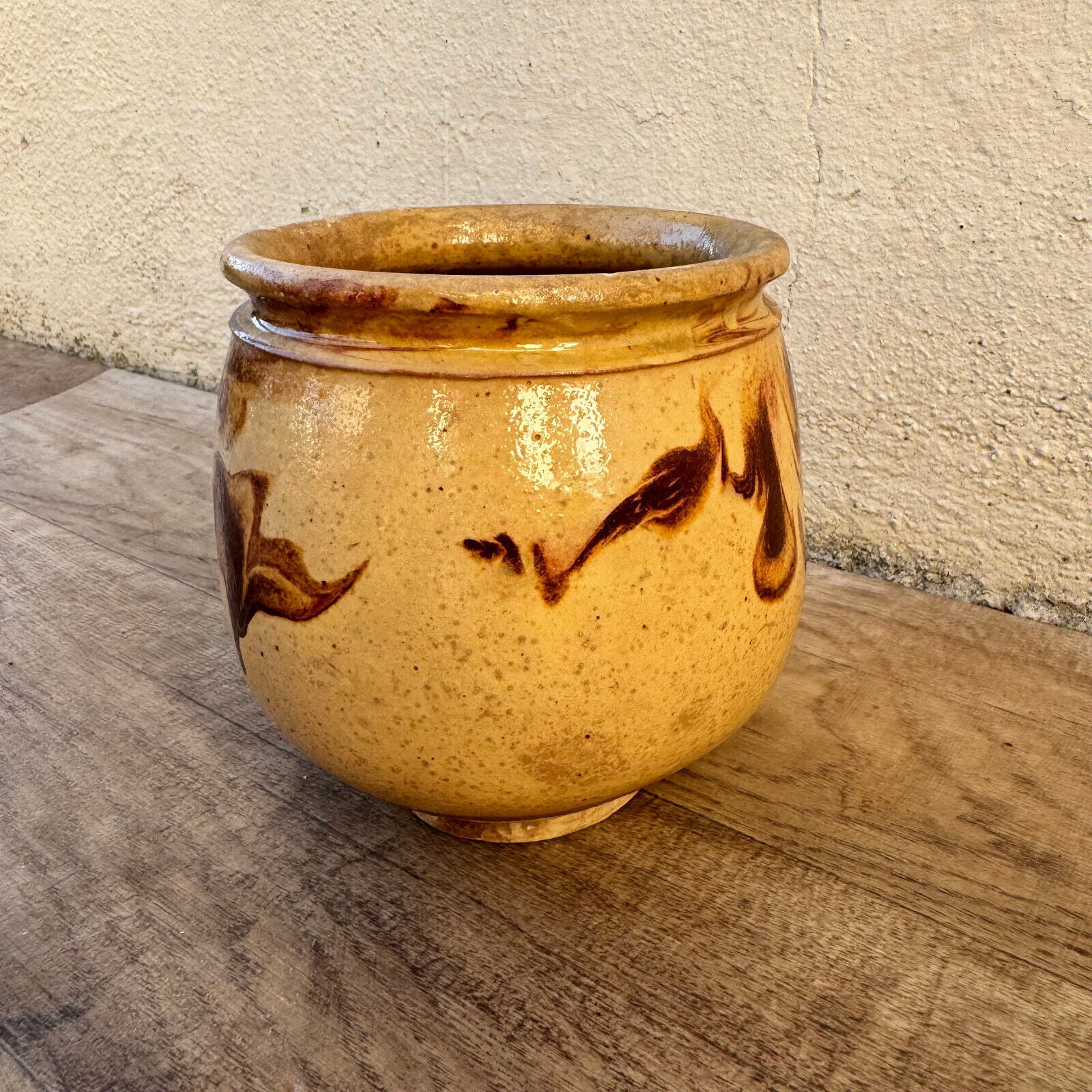 HANDMADE GLAZED BROWN YELLOW ANTIQUE FRENCH HONEY POT TERRACOTTA 1202256 - Fleamarketfrance