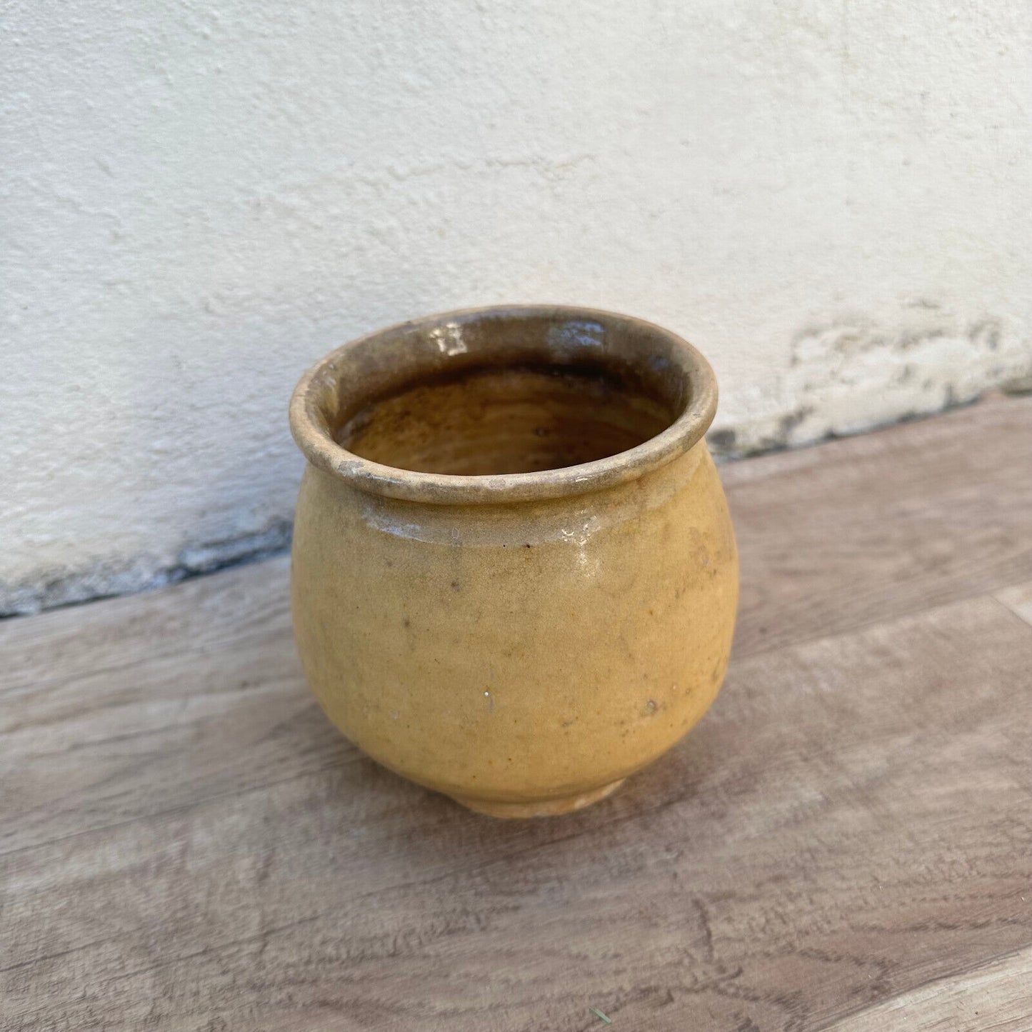 HANDMADE GLAZED YELLOW ANTIQUE FRENCH CONFIT POT SMALL TERRACOTTA 4 3/4" 2407237 - Fleamarketfrance