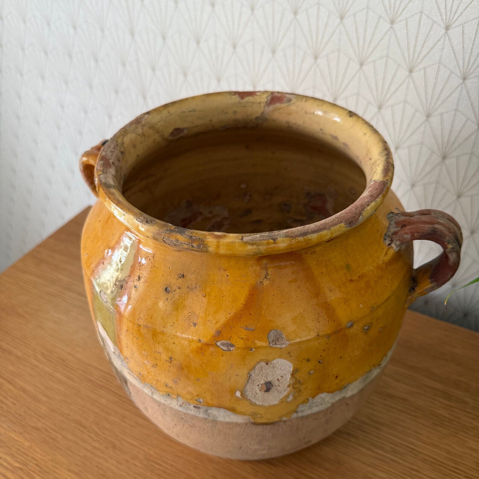 RARE BIG HANDMADE GLAZED YELLOW ANTIQUE FRENCH CONFIT POT TERRACOTTA 2302257 - Fleamarketfrance