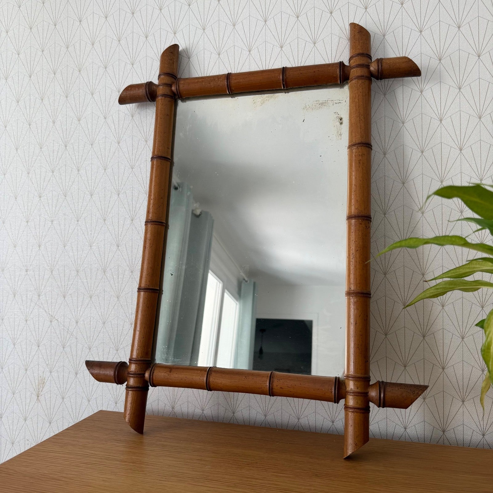 Vintage French Faux Bamboo Wall Mirror Wood Frame 19" x 25" 25052611 Fleamarketfrance